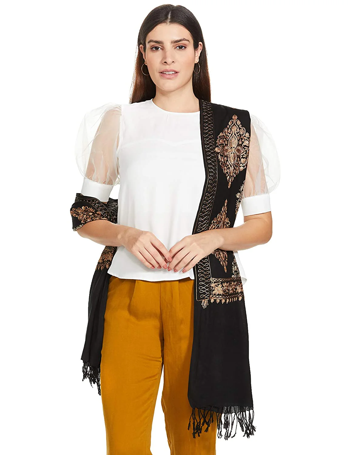 Pashtush Womens Fine Wool, Silky Nalki Embroidery Needlework Stole, Black - Image 2