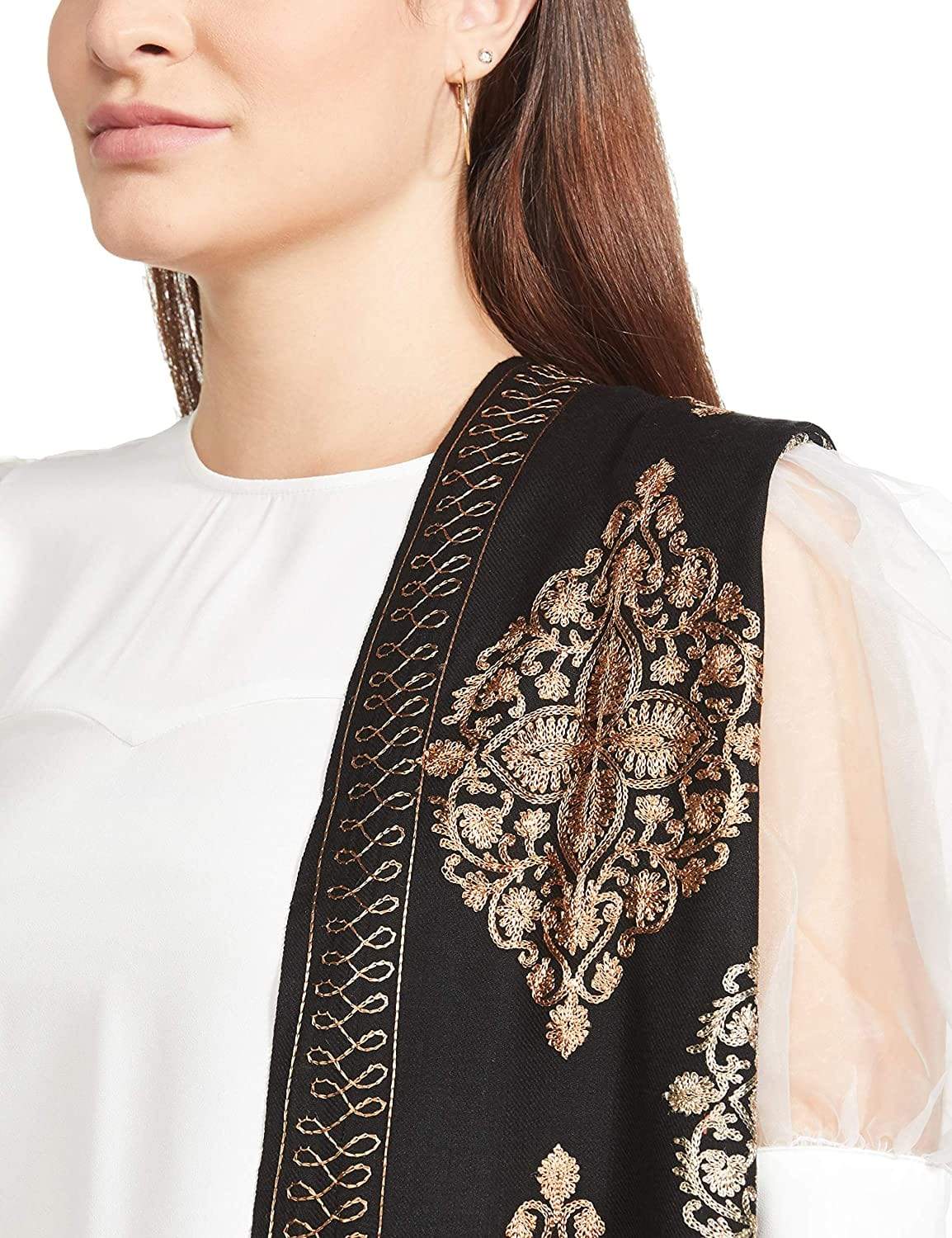 Pashtush Womens Fine Wool, Silky Nalki Embroidery Needlework Stole, Black - Image 3