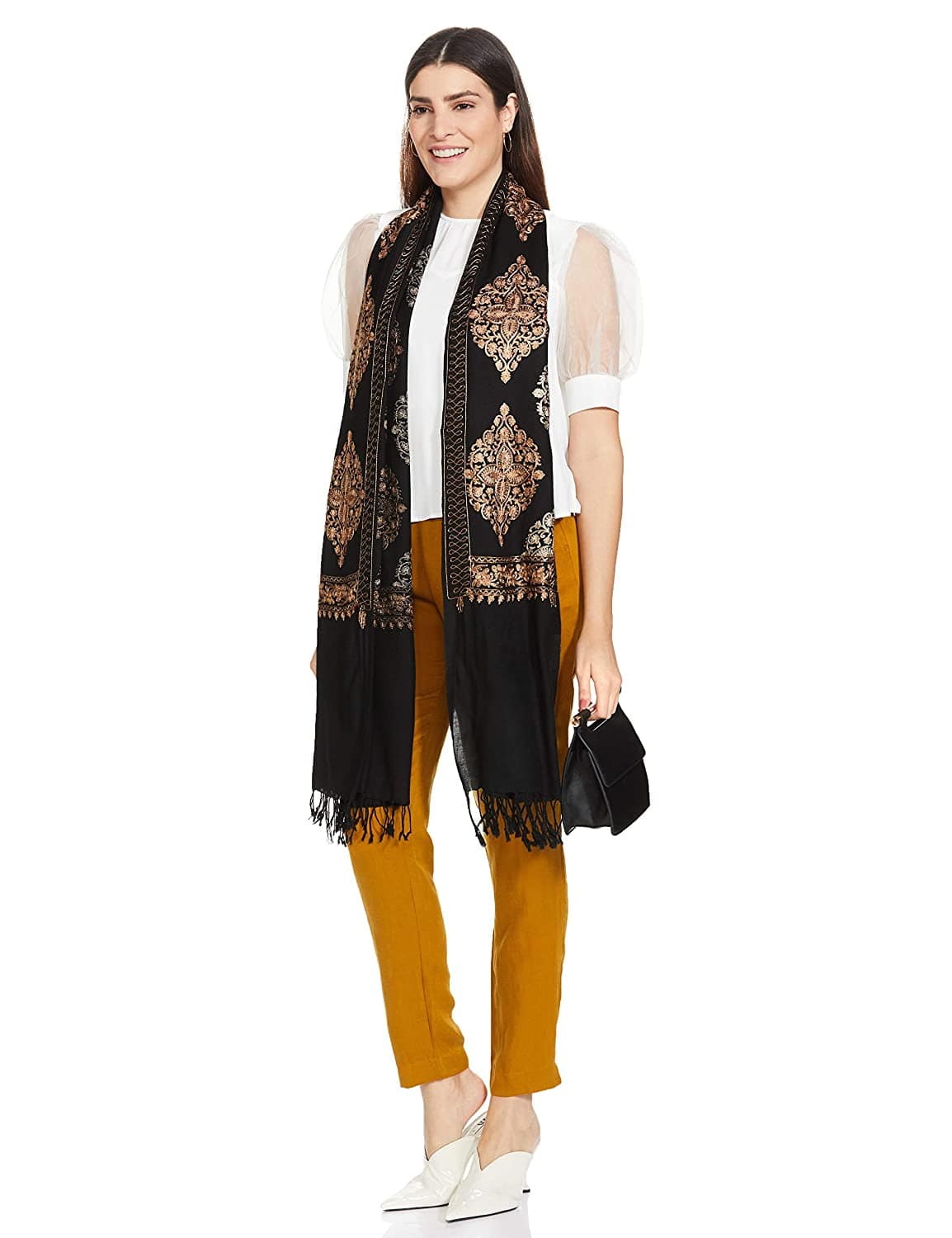 Pashtush Womens Fine Wool, Silky Nalki Embroidery Needlework Stole, Black - Image 4