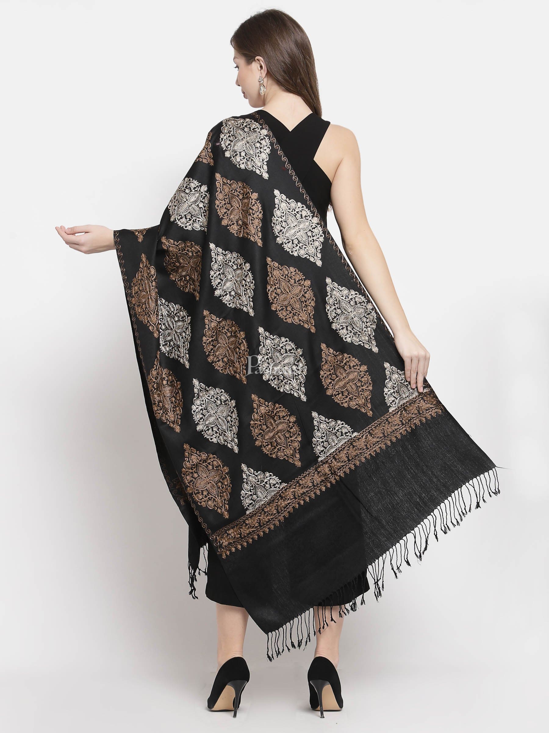 Pashtush Womens Fine Wool, Silky Nalki Embroidery Needlework Stole, Black - Image 3