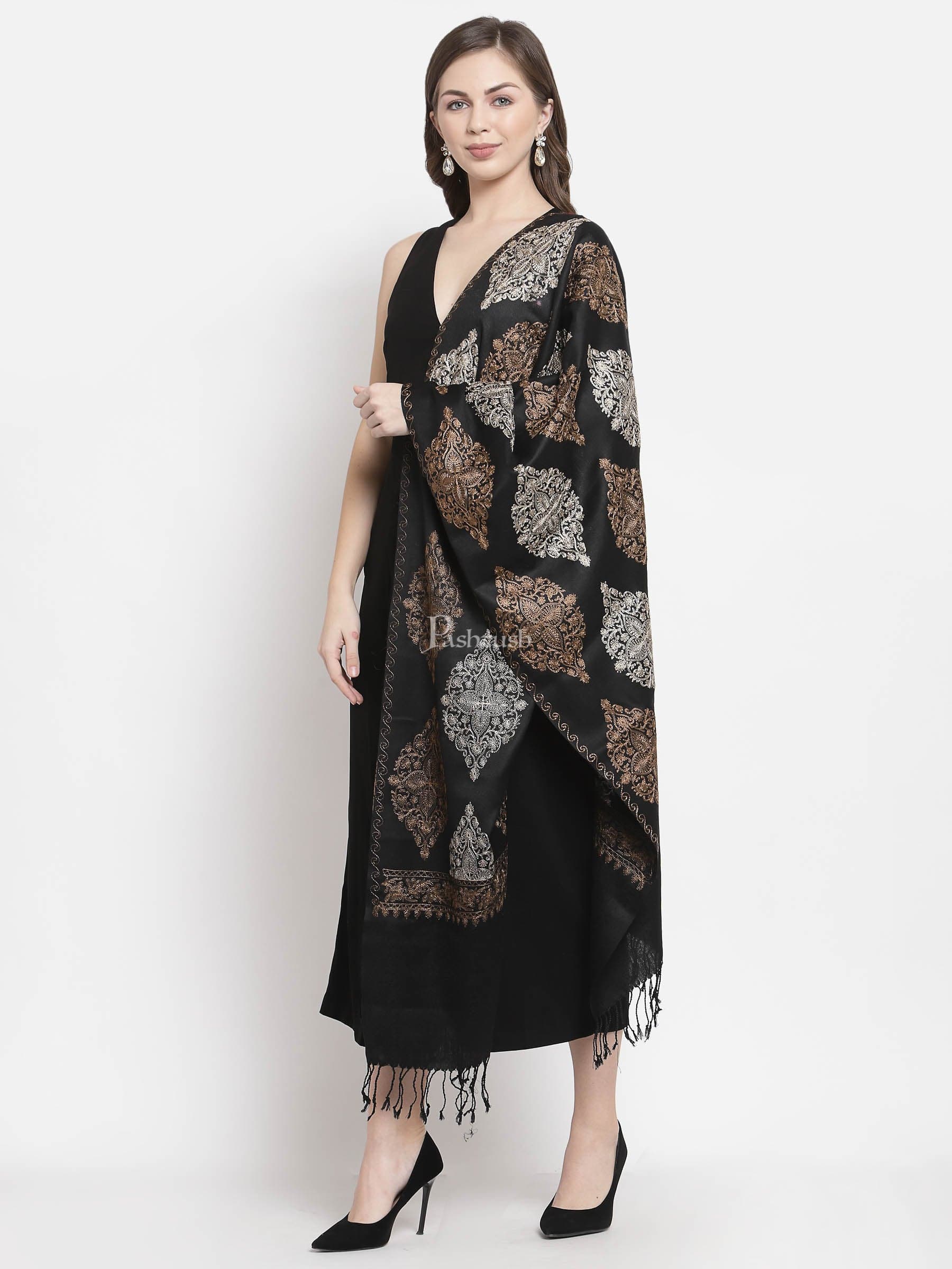 Pashtush Womens Fine Wool, Silky Nalki Embroidery Needlework Stole, Black - Image 4