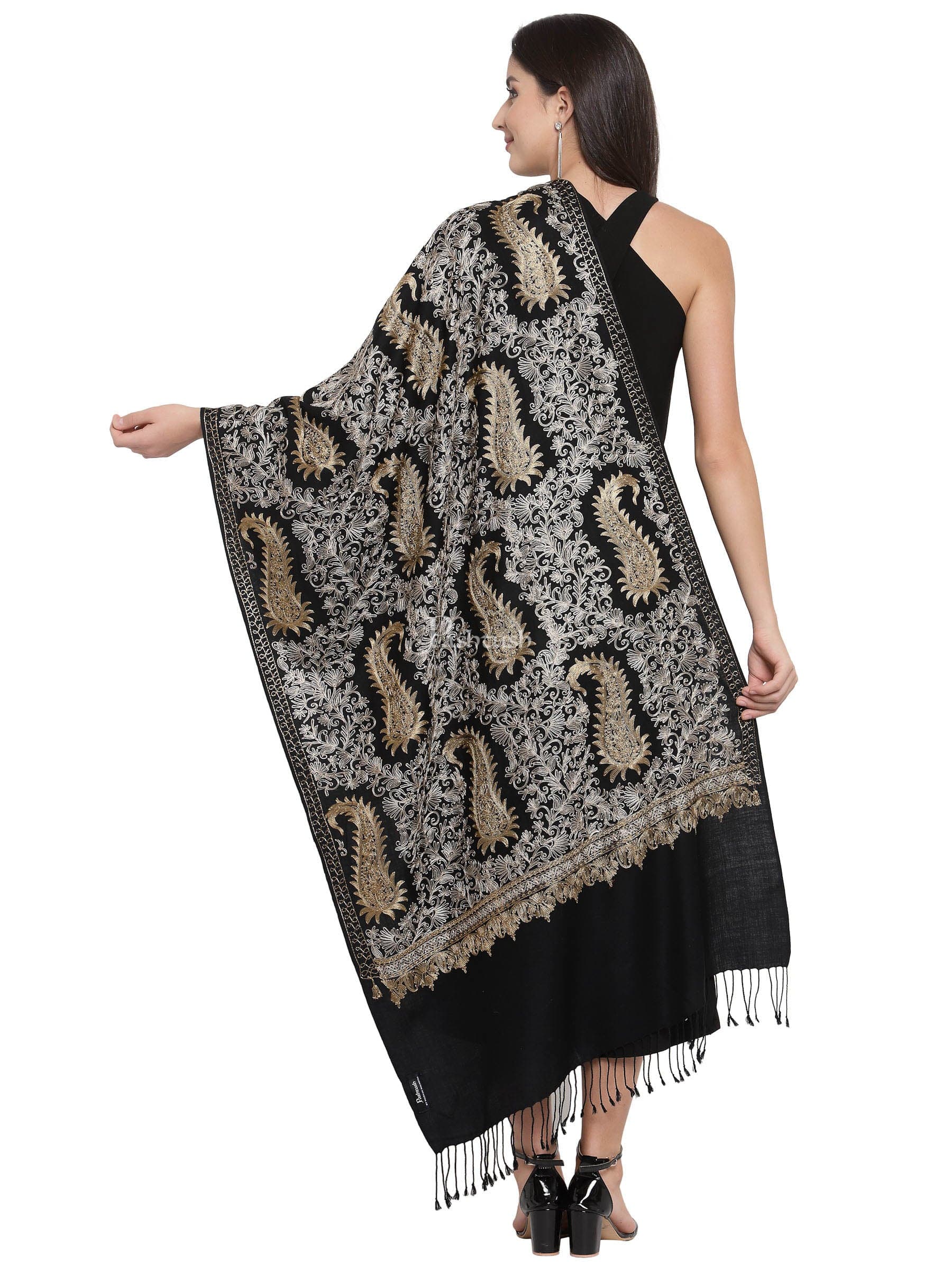 Pashtush Womens Fine Wool, Silky Nalki Embroidery Needlework Stole, Black - Image 3