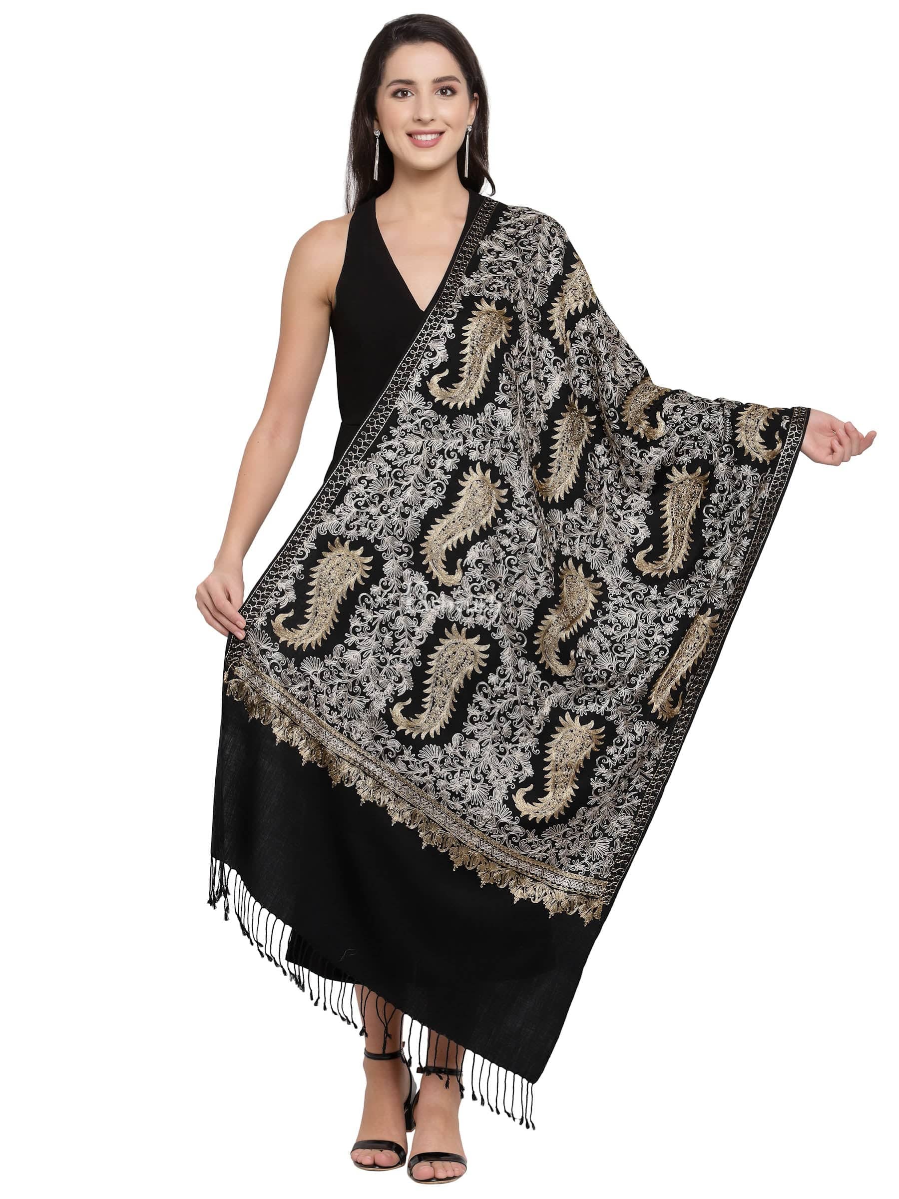 Pashtush Womens Fine Wool, Silky Nalki Embroidery Needlework Stole, Black - Image 4