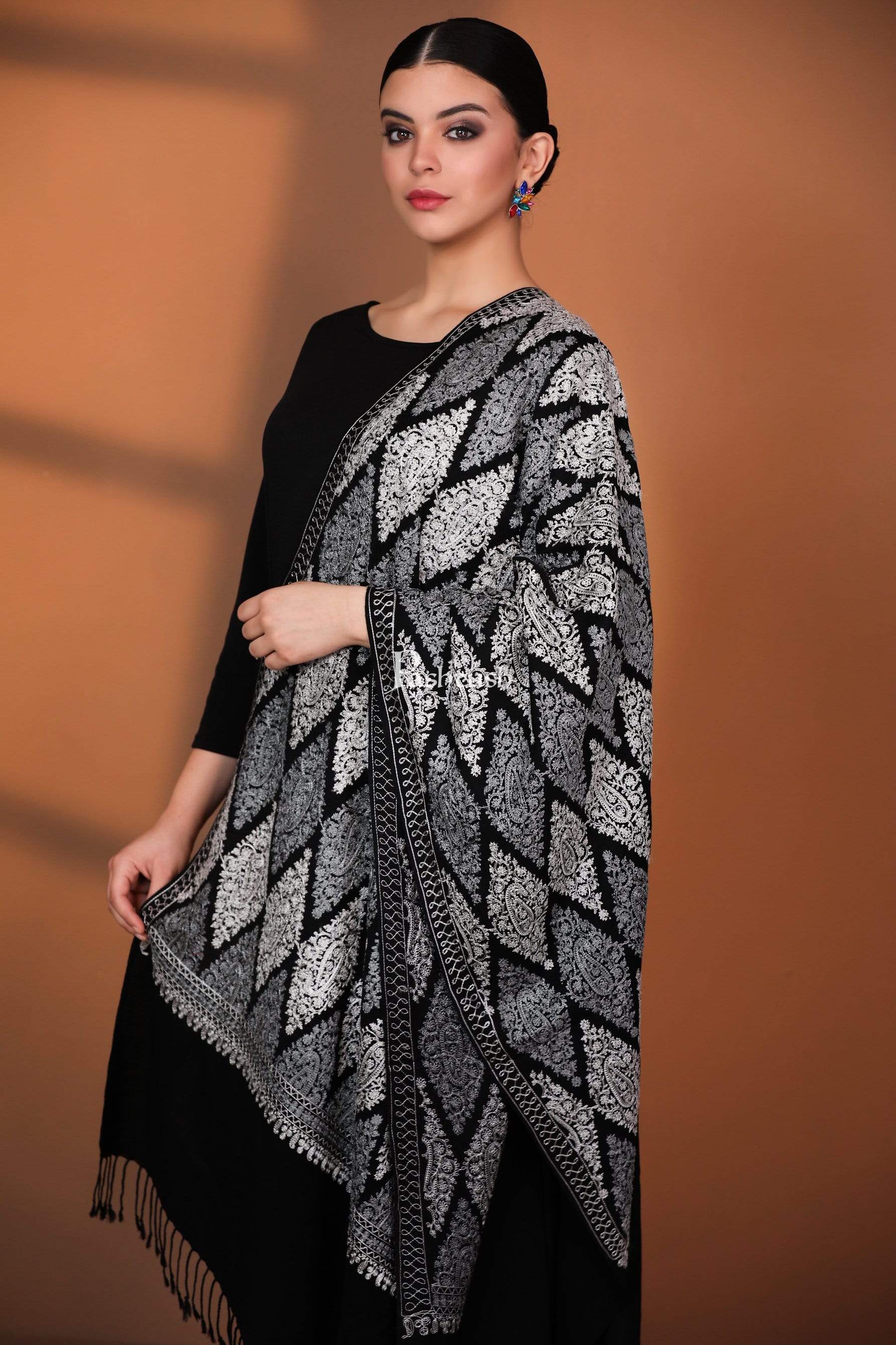 Pashtush Womens Fine Wool, Silky Nalki Embroidery Needlework Stole, Black - Image 2