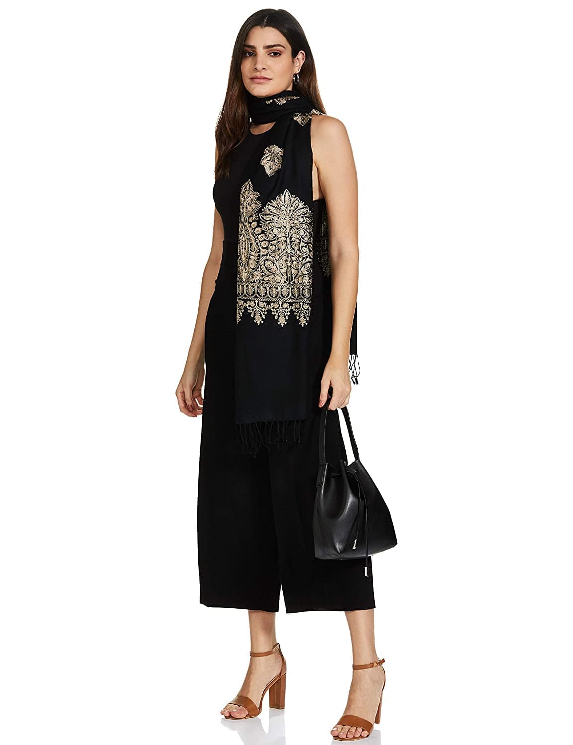 Pashtush Womens Fine Wool, Silky Nalki Embroidery Needlework Stole, Black - Image 10