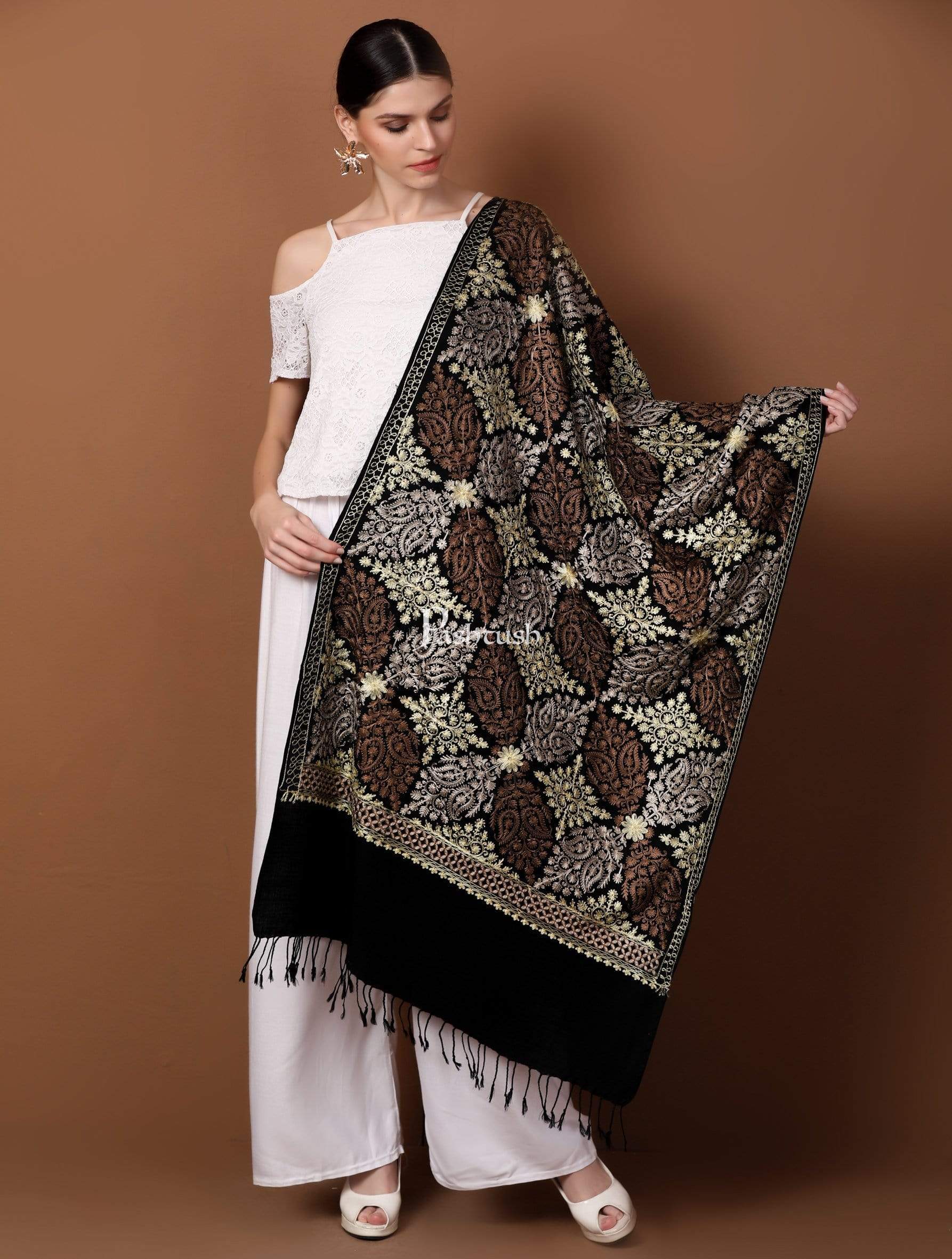 Pashtush Womens Fine Wool, Silky Nalki Embroidery Needlework Stole, Black