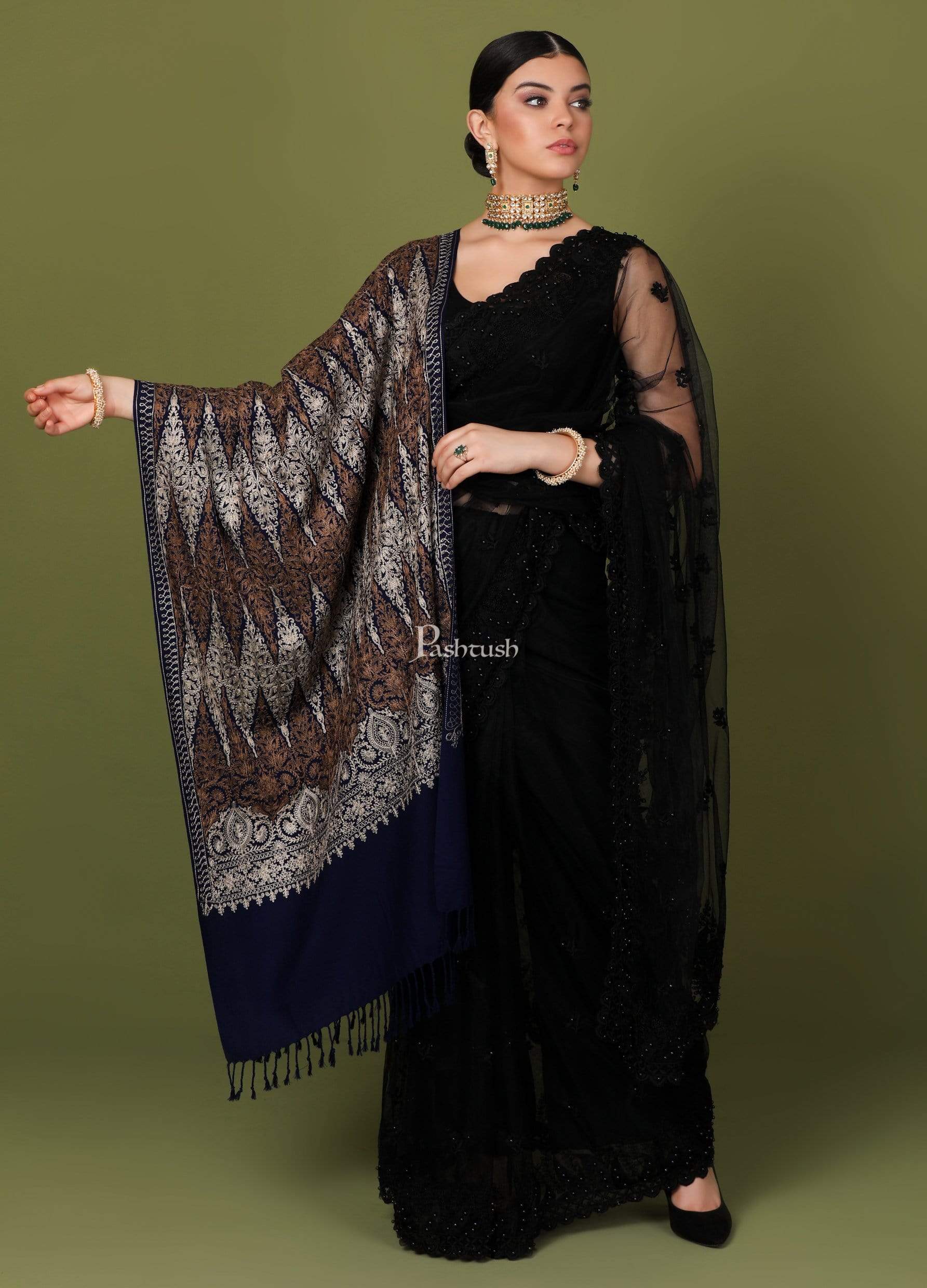 Pashtush Womens Fine Wool, Silky Nalki Embroidery Needlework Stole, Blue - Image 3