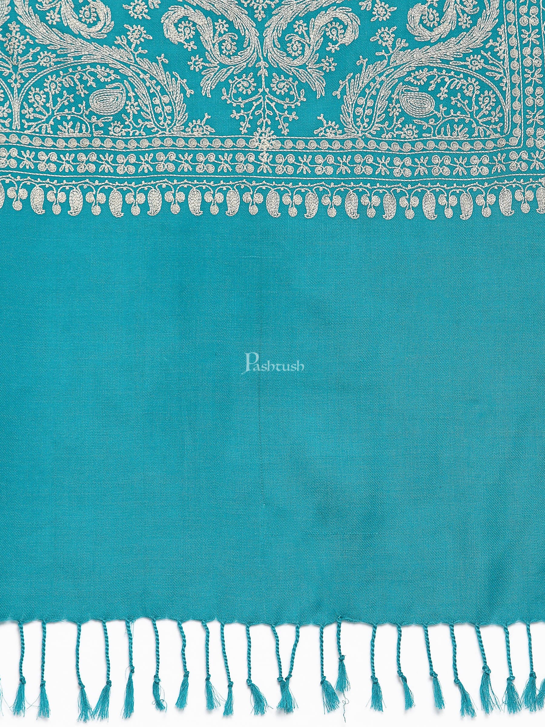 Pashtush Womens Fine Wool, Silky Nalki Embroidery Needlework Stole, Cobalt Blue - Image 2