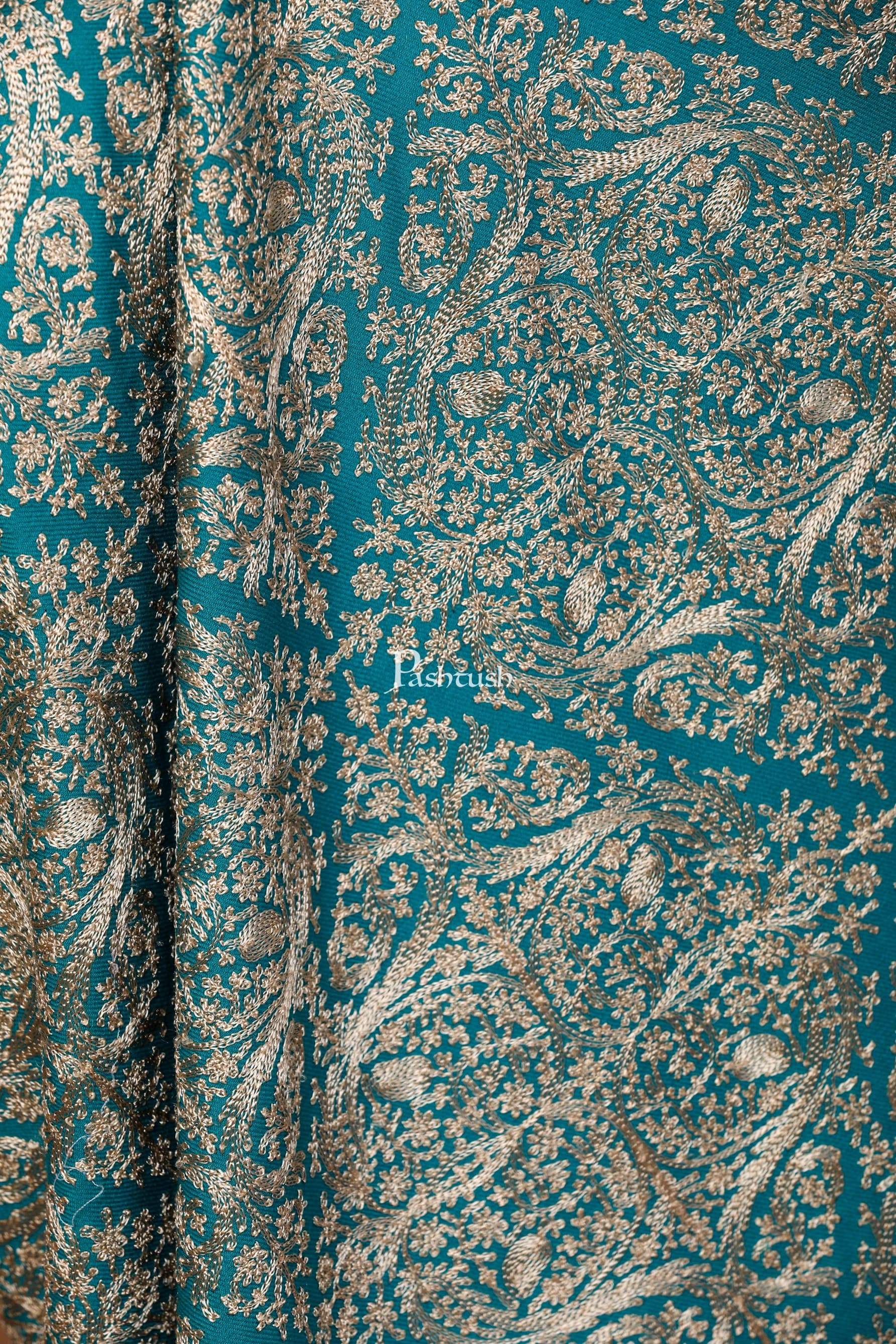 Pashtush Womens Fine Wool, Silky Nalki Embroidery Needlework Stole, Teal - Image 2