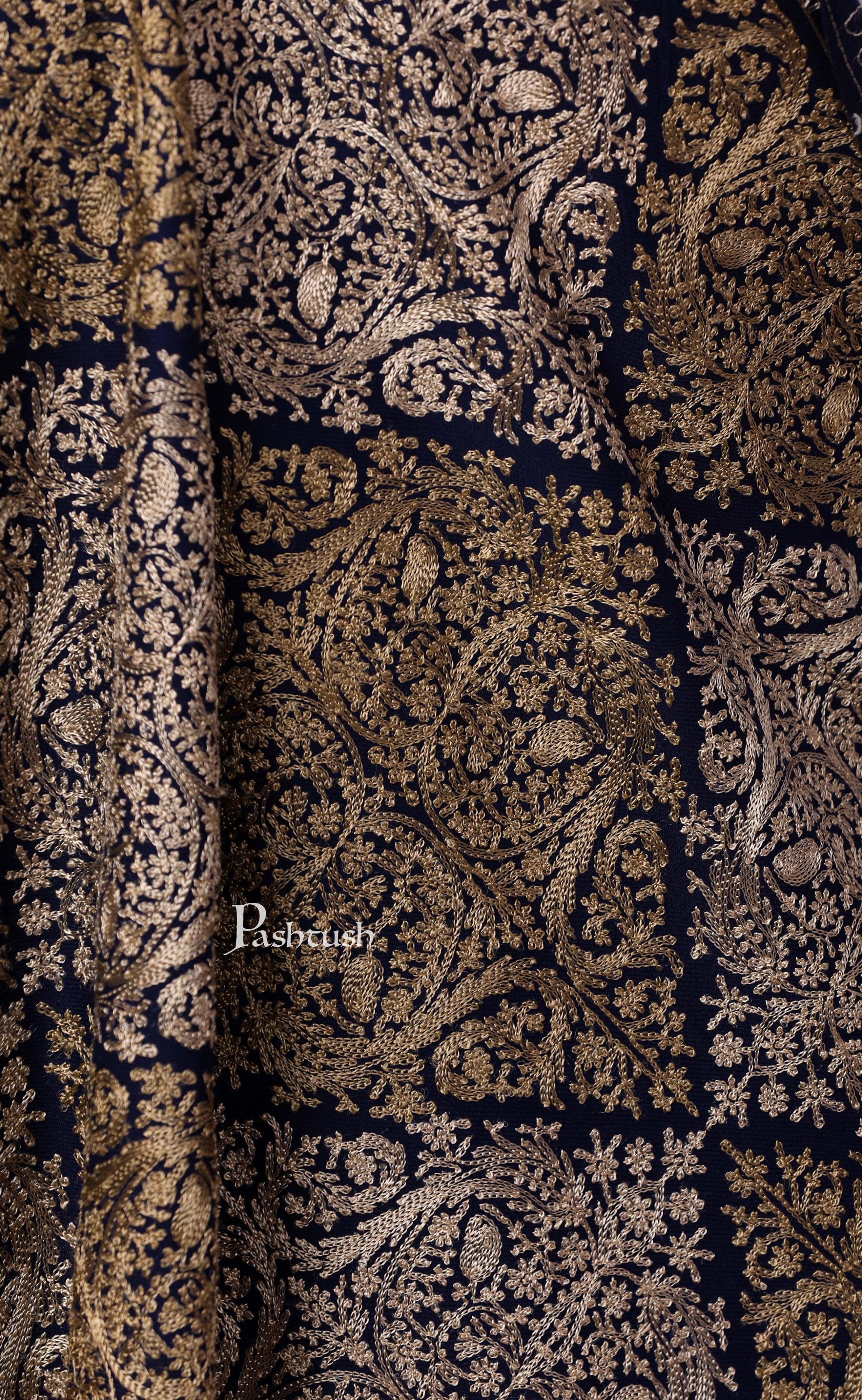 Pashtush Womens Fine Wool, Silky Nalki Embroidery Needlework Stole, Navy Blue - Image 2