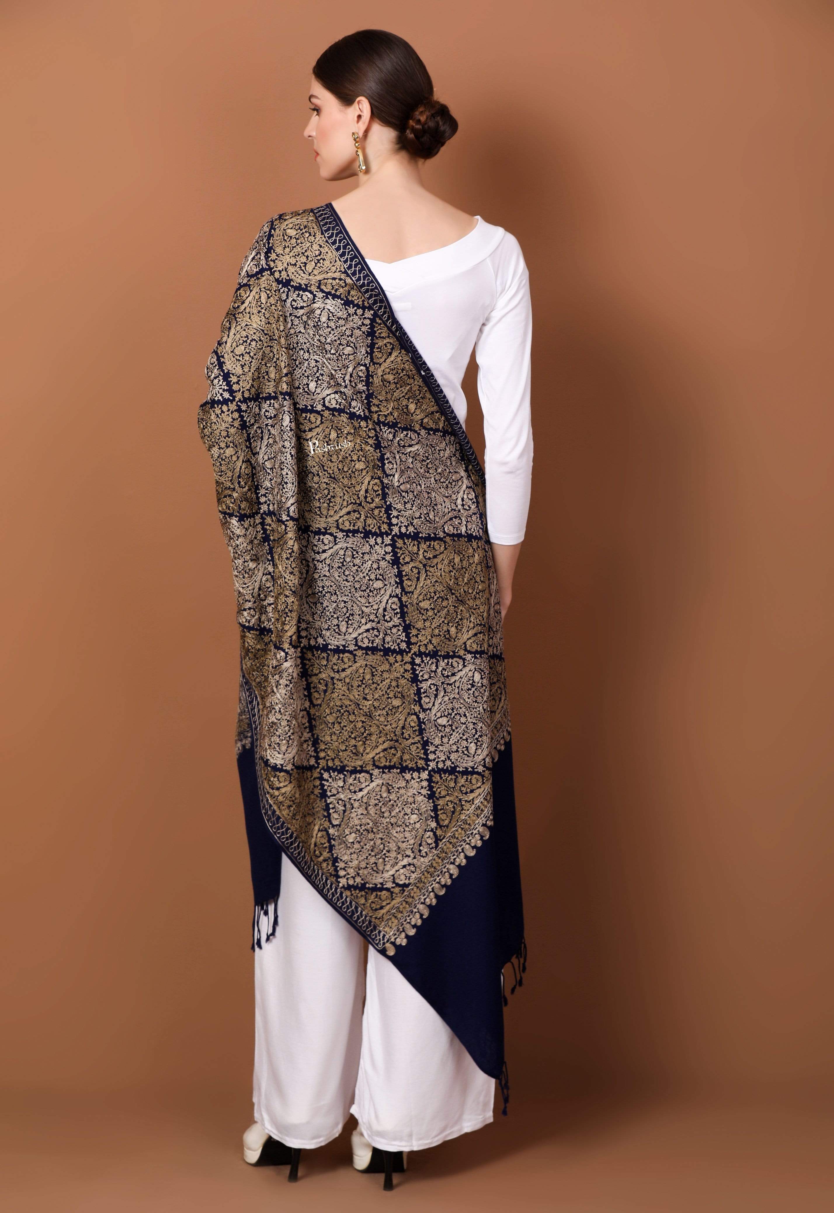 Pashtush Womens Fine Wool, Silky Nalki Embroidery Needlework Stole, Navy Blue - Image 3