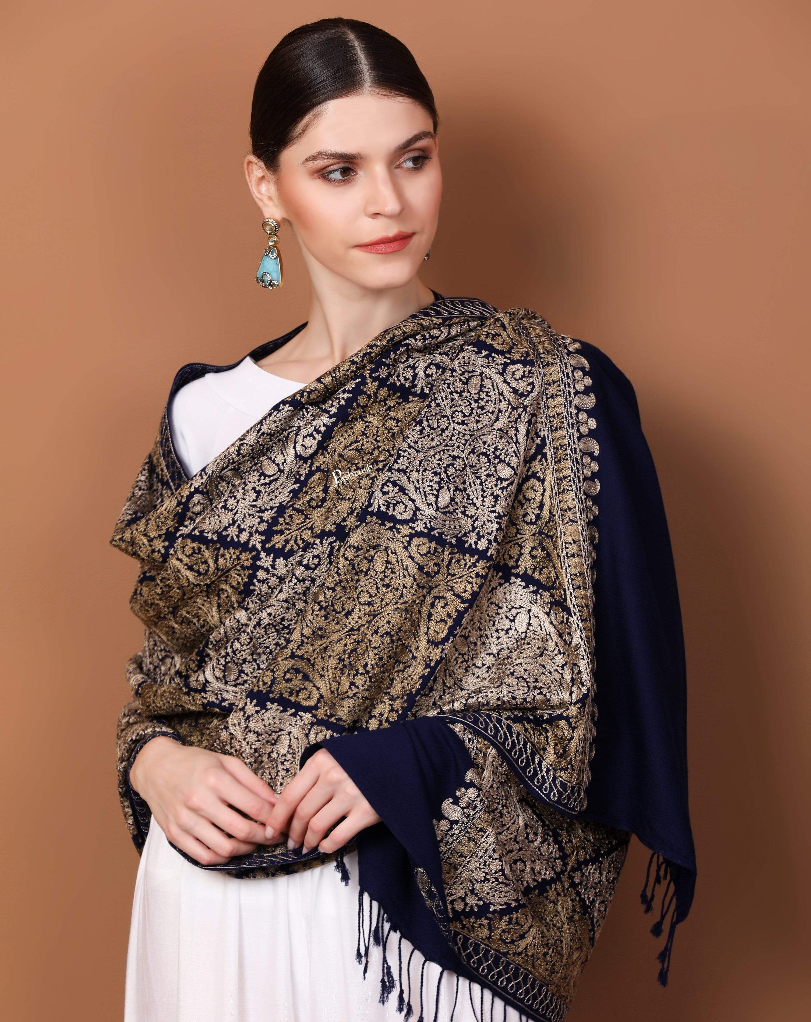 Pashtush Womens Fine Wool, Silky Nalki Embroidery Needlework Stole, Navy Blue - Image 4