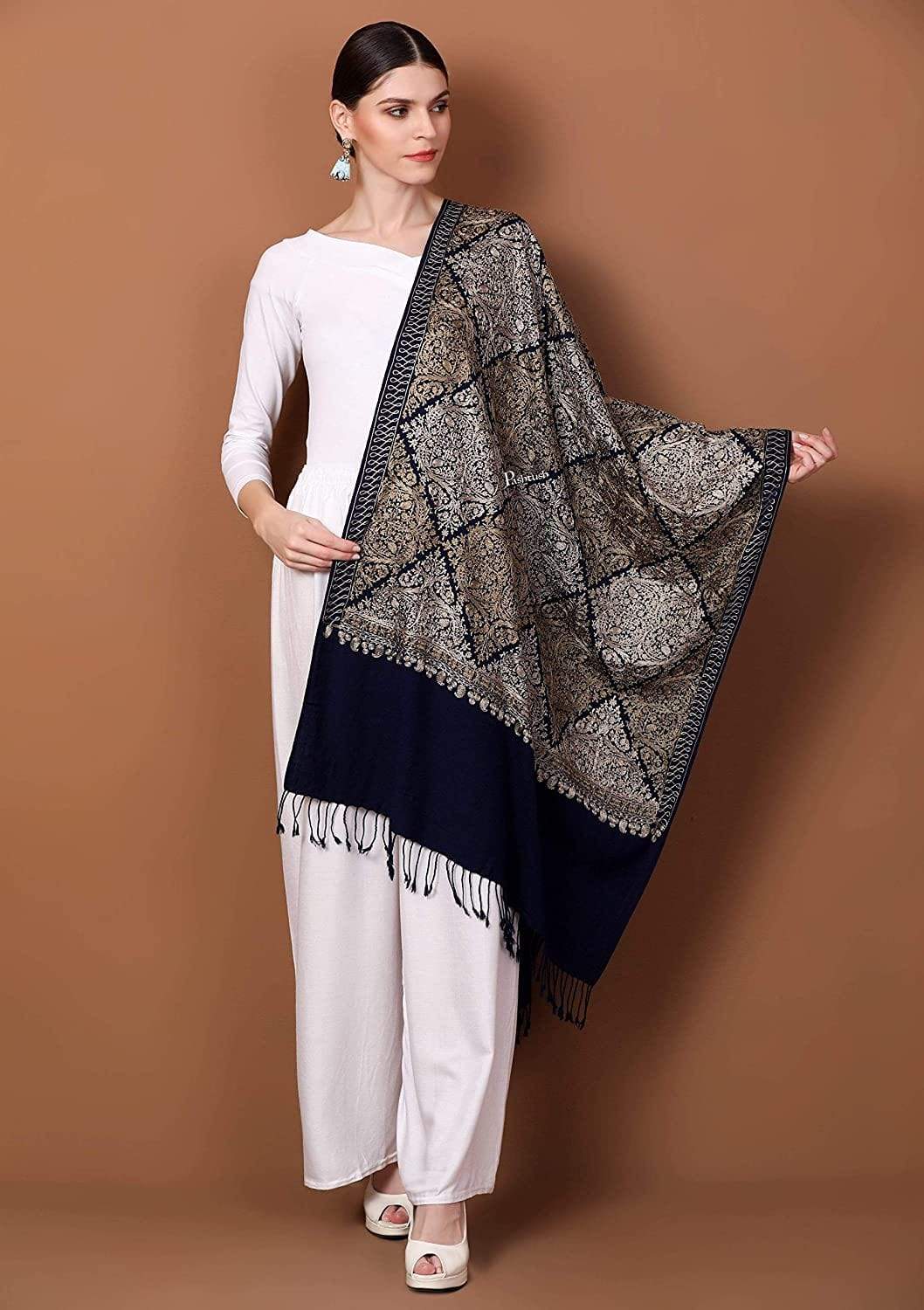 Pashtush Womens Fine Wool, Silky Nalki Embroidery Needlework Stole, Navy Blue - Image 6