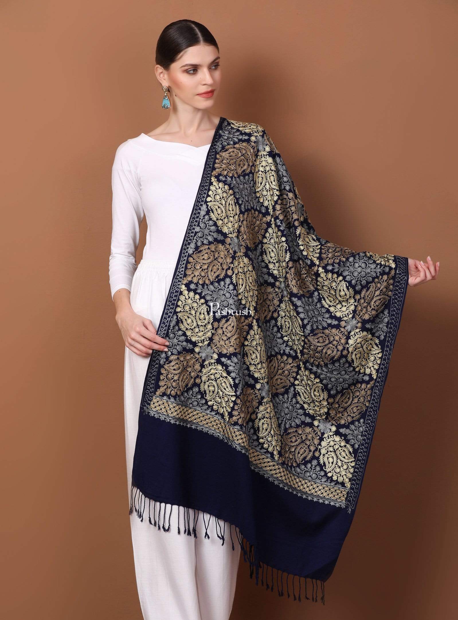 Pashtush Womens Fine Wool, Silky Nalki Embroidery Needlework Stole, Navy Blue