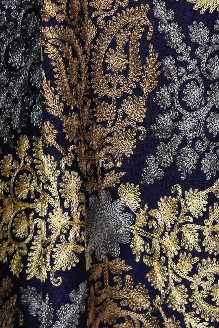 Pashtush Womens Fine Wool, Silky Nalki Embroidery Needlework Stole, Navy Blue - Image 2