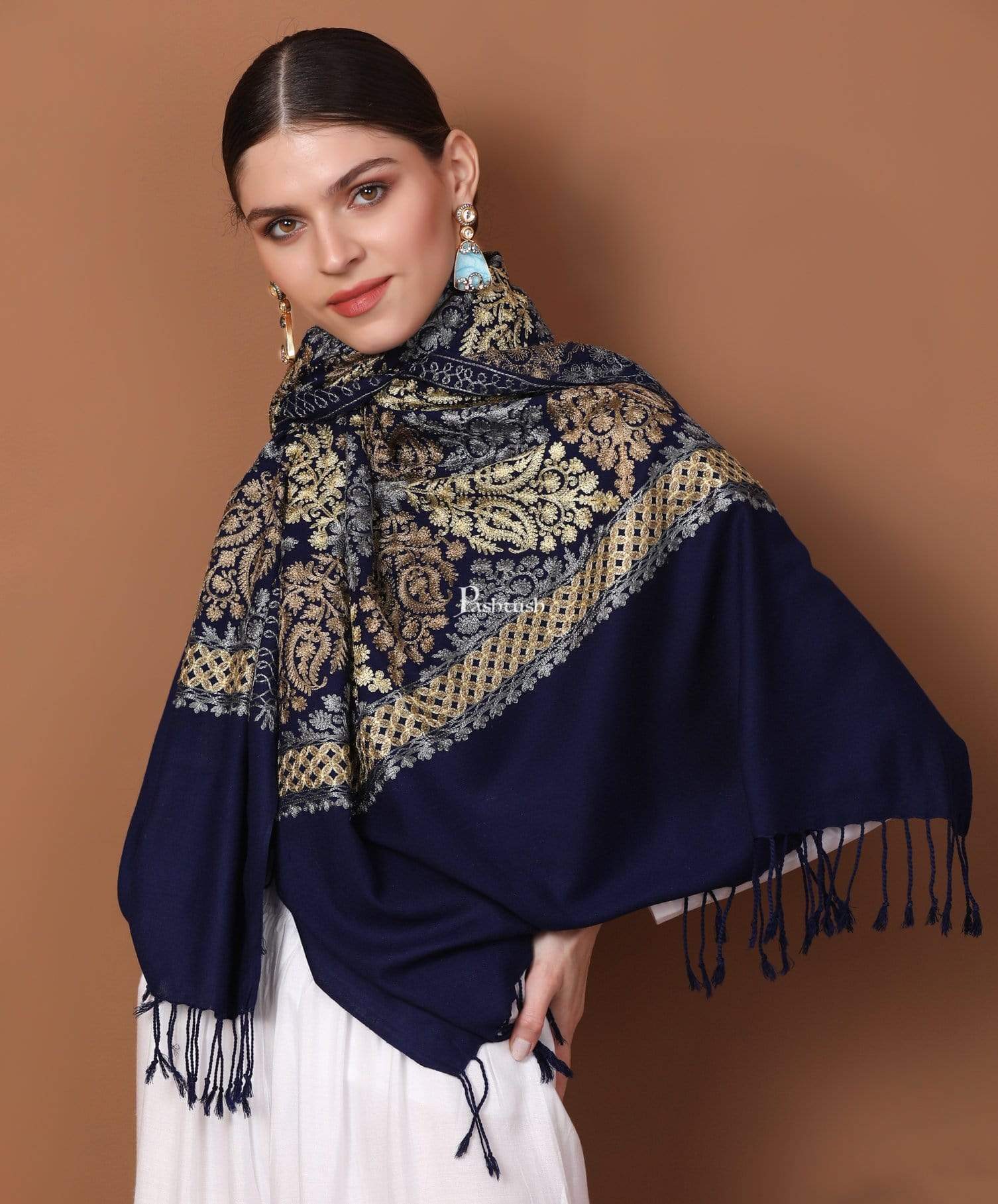 Pashtush Womens Fine Wool, Silky Nalki Embroidery Needlework Stole, Navy Blue - Image 3