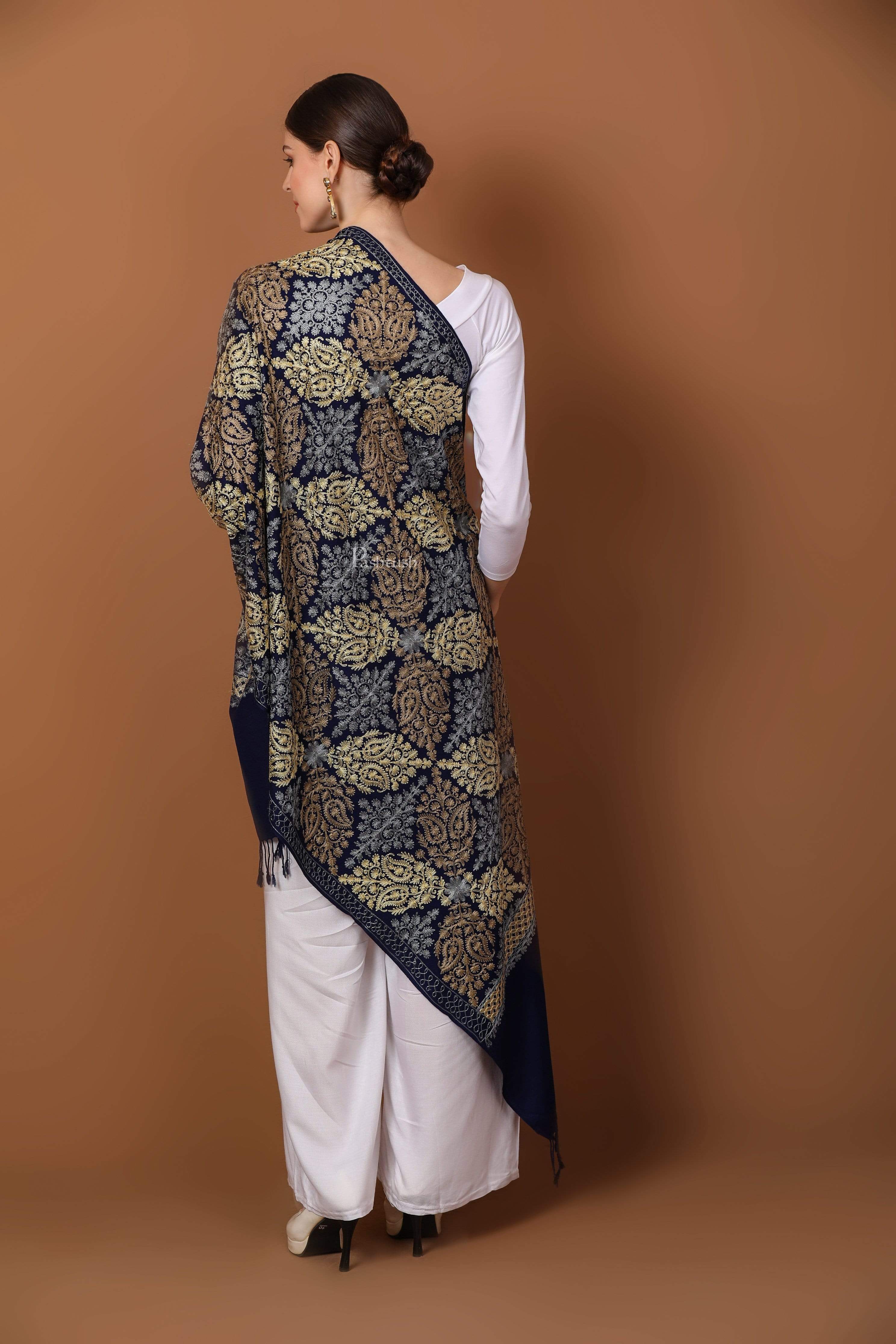 Pashtush Womens Fine Wool, Silky Nalki Embroidery Needlework Stole, Navy Blue - Image 4