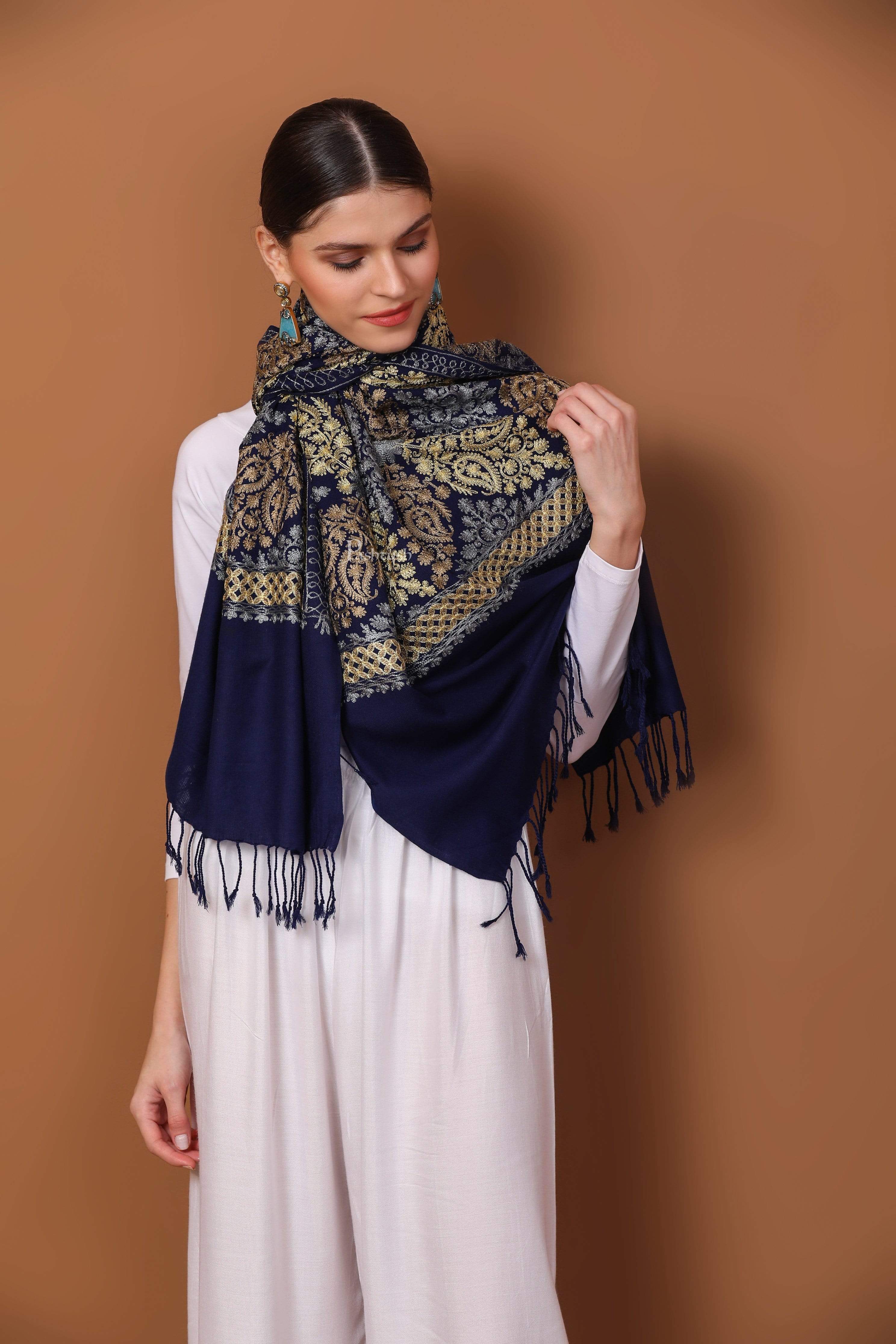 Pashtush Womens Fine Wool, Silky Nalki Embroidery Needlework Stole, Navy Blue - Image 5