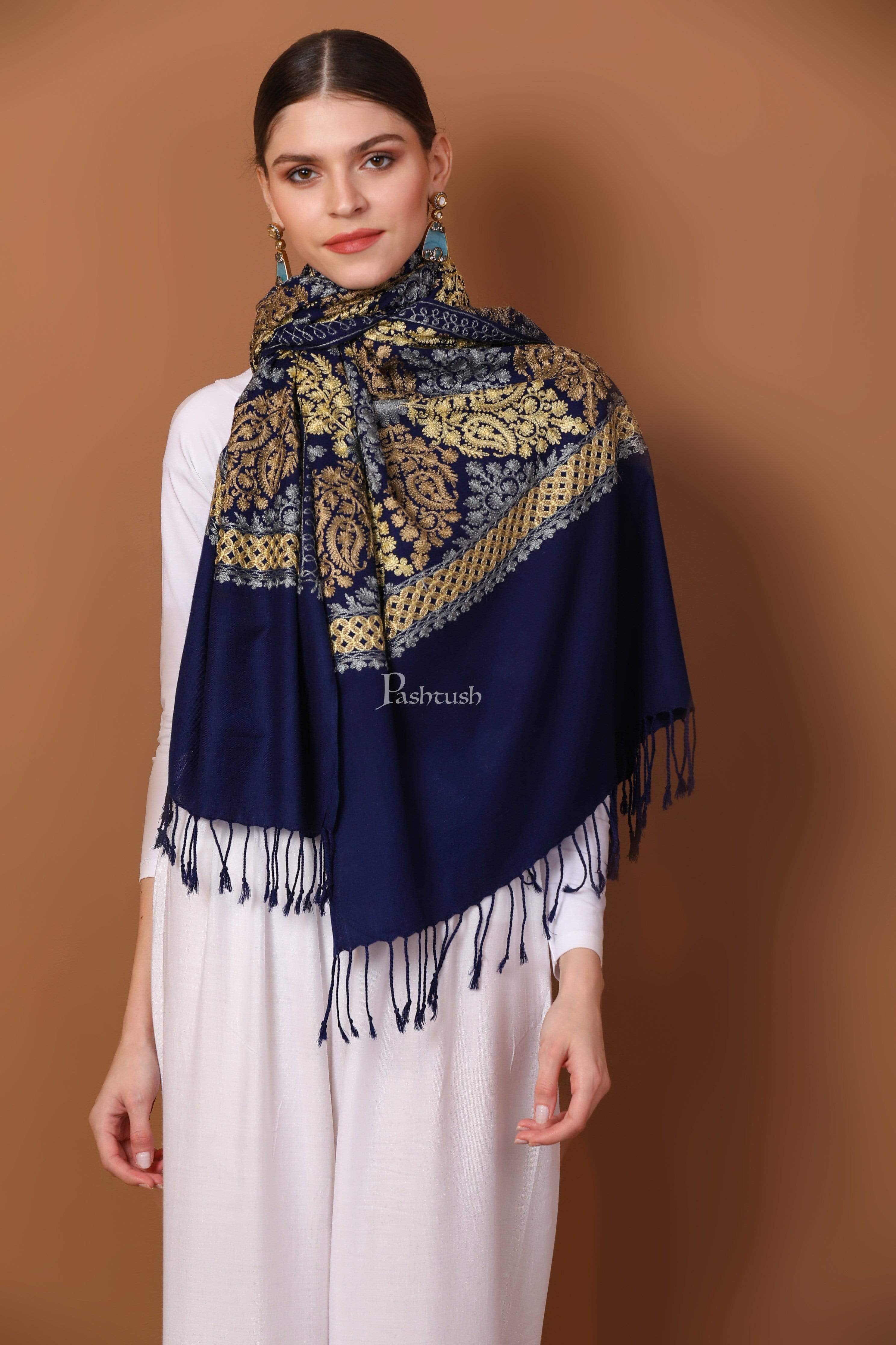Pashtush Womens Fine Wool, Silky Nalki Embroidery Needlework Stole, Navy Blue - Image 7
