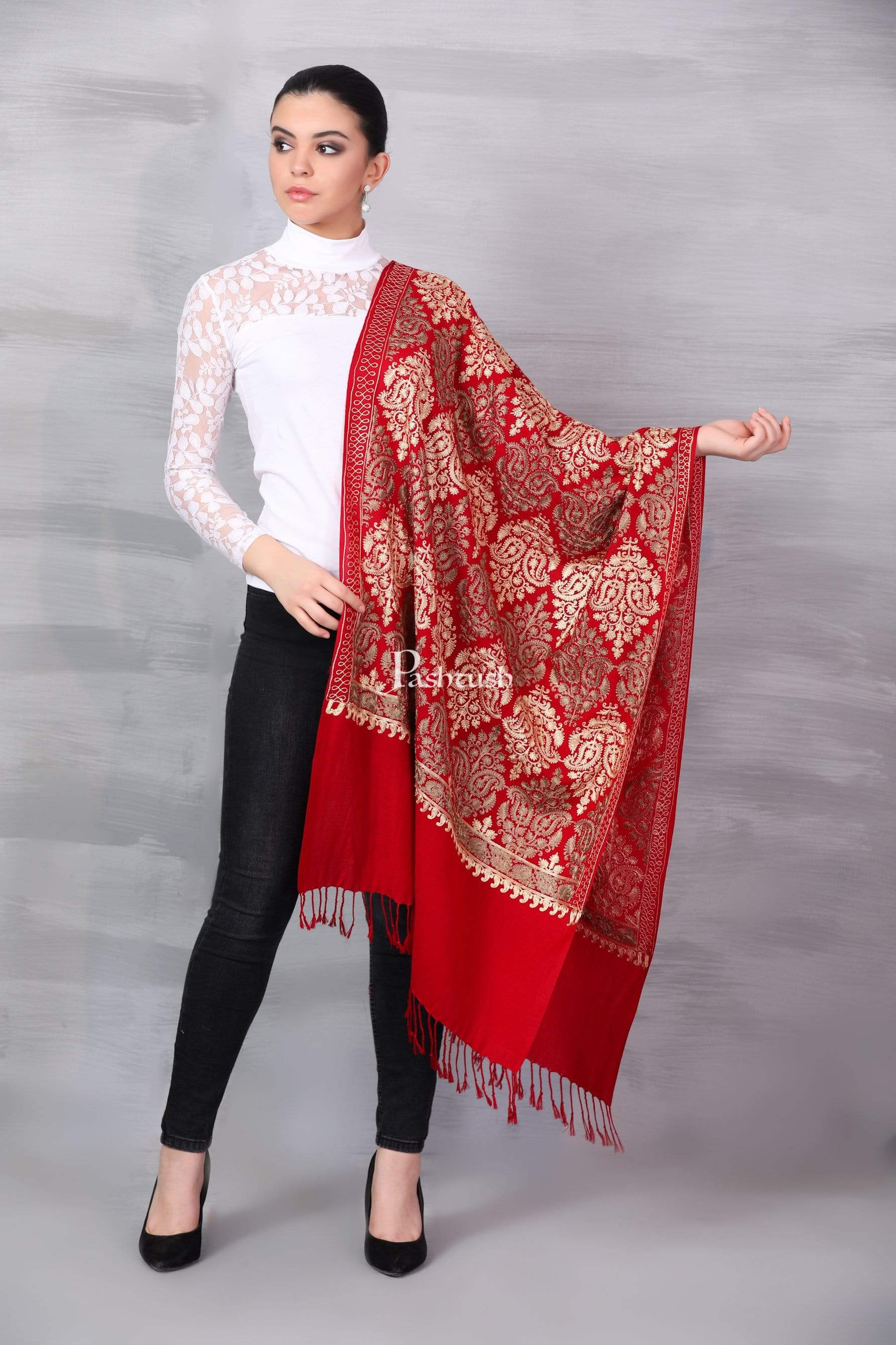 Pashtush Womens Fine Wool, Silky Nalki Embroidery Needlework Stole, Scarlet Red
