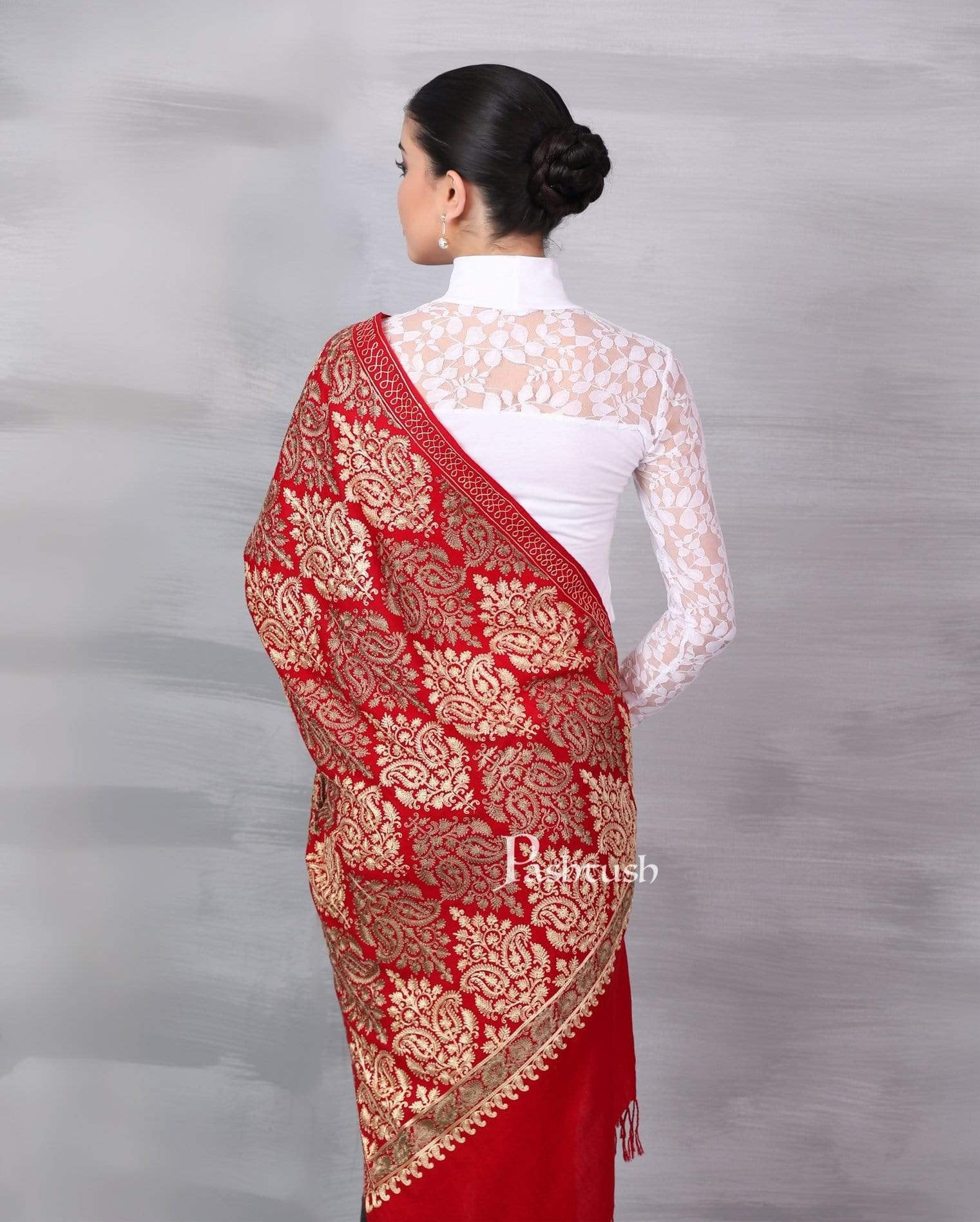 Pashtush Womens Fine Wool, Silky Nalki Embroidery Needlework Stole, Scarlet Red - Image 3