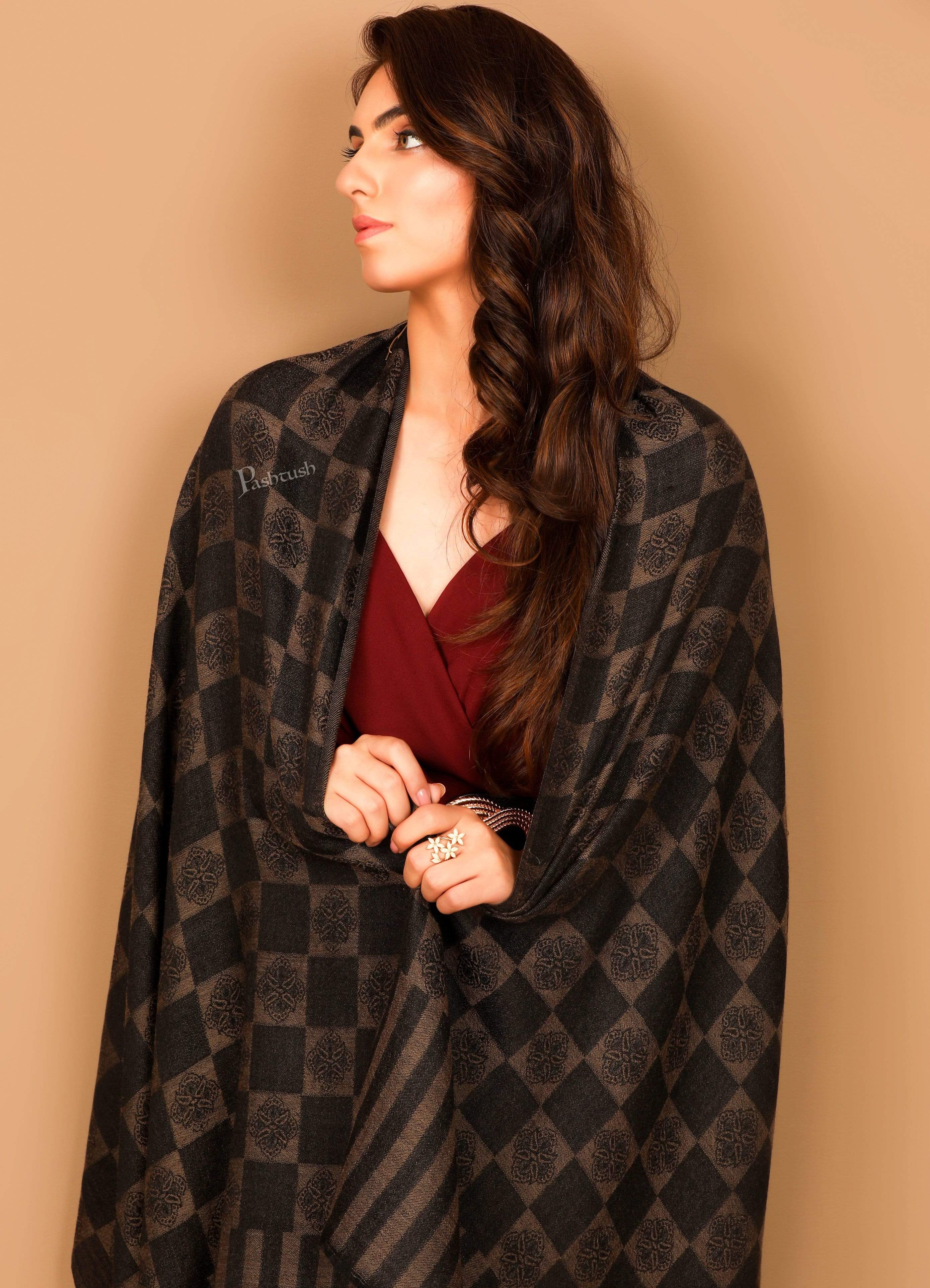 Pashtush Womens Fine Wool, Soft And Warm, Checkered Stole, Espresso Black - Image 2