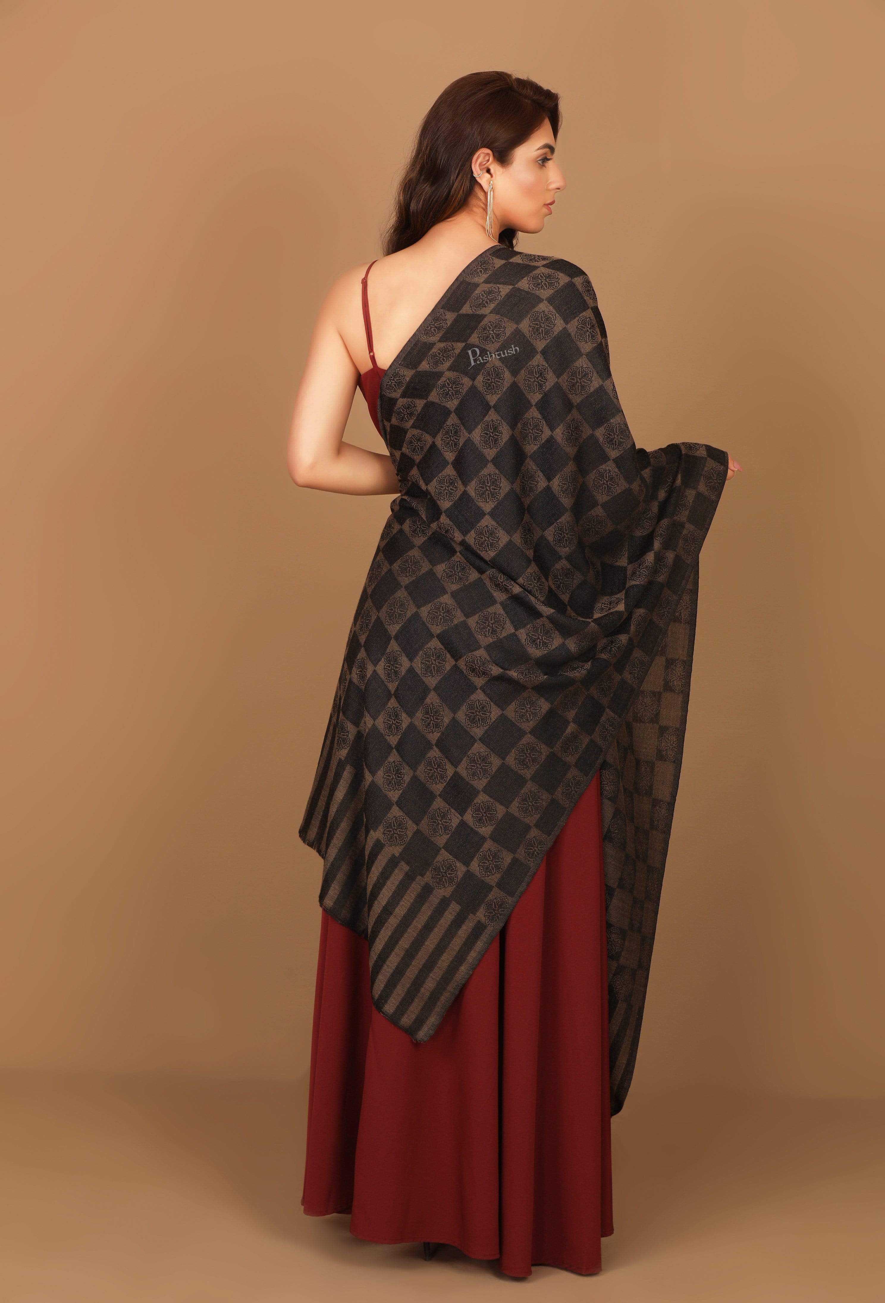 Pashtush Womens Fine Wool, Soft And Warm, Checkered Stole, Espresso Black - Image 5