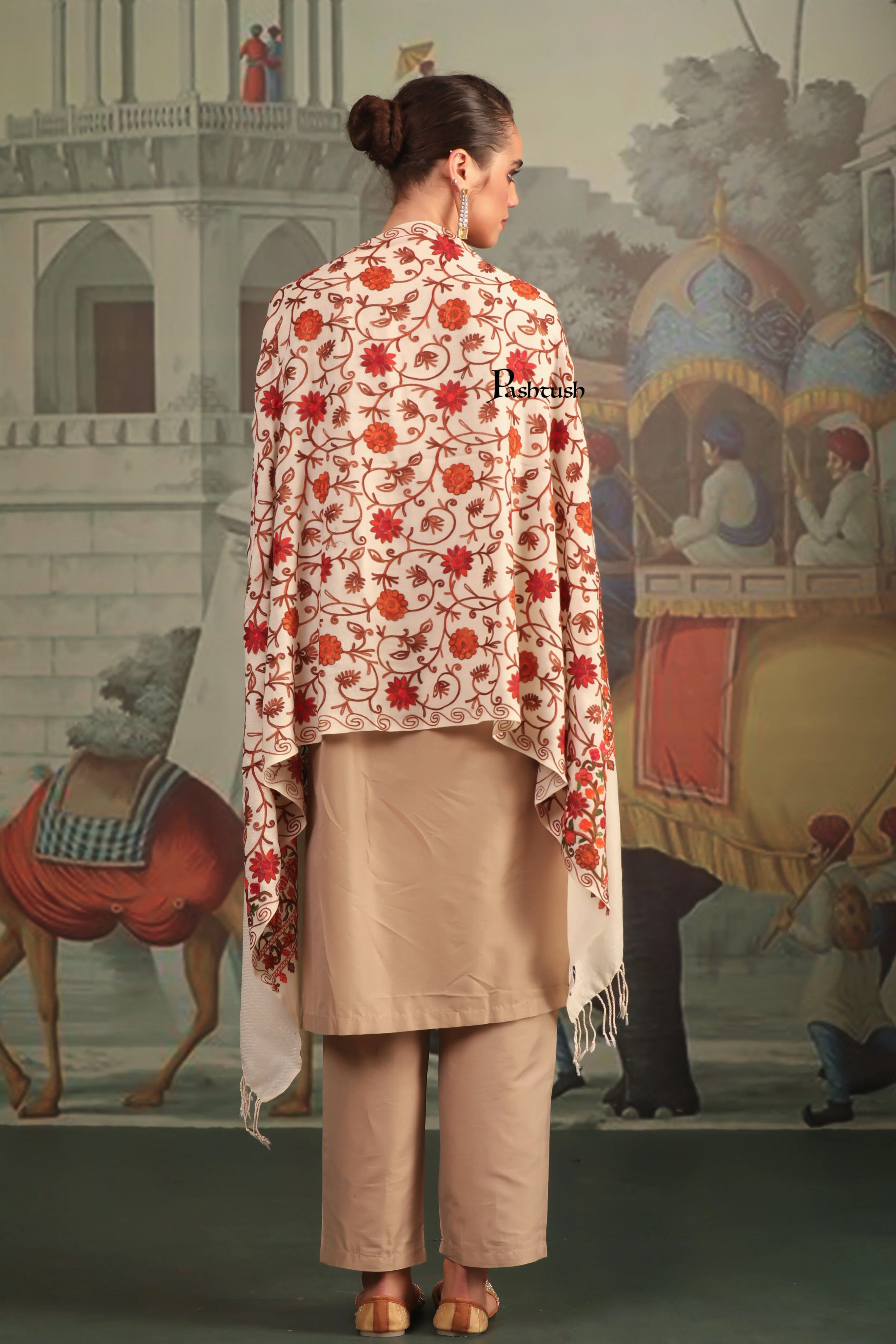 Pashtush Womens Fine Wool Stole, Aari Embroidery Flower Design, Ivory - Image 3