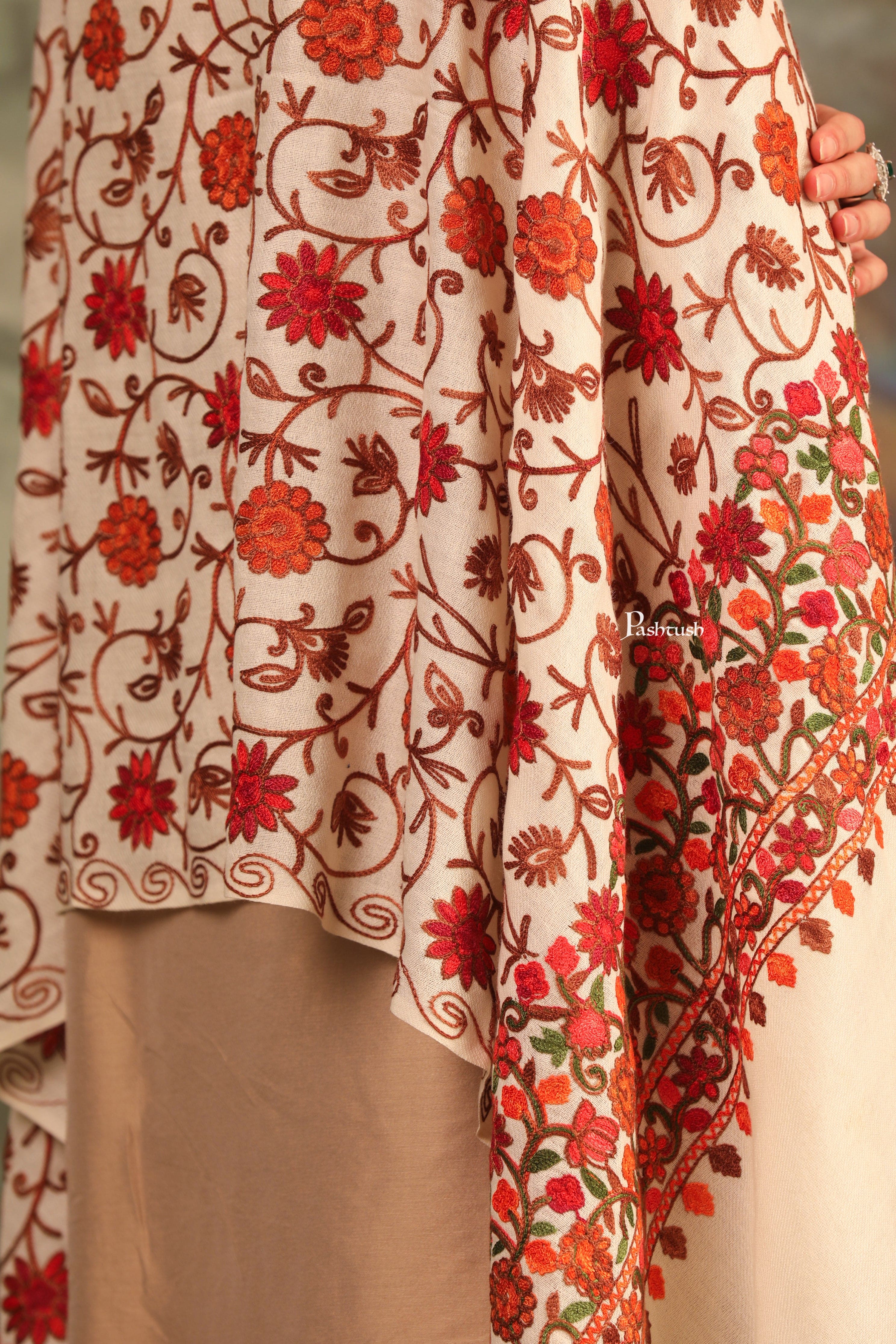 Pashtush Womens Fine Wool Stole, Aari Embroidery Flower Design, Ivory - Image 4