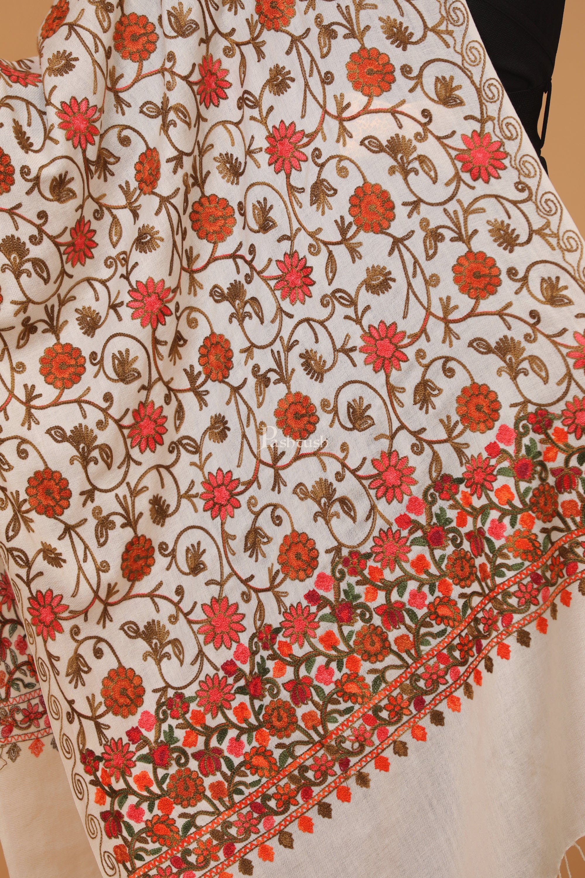 Pashtush womens Fine Wool stole, aari embroidery jaal design, Ivory - Image 2