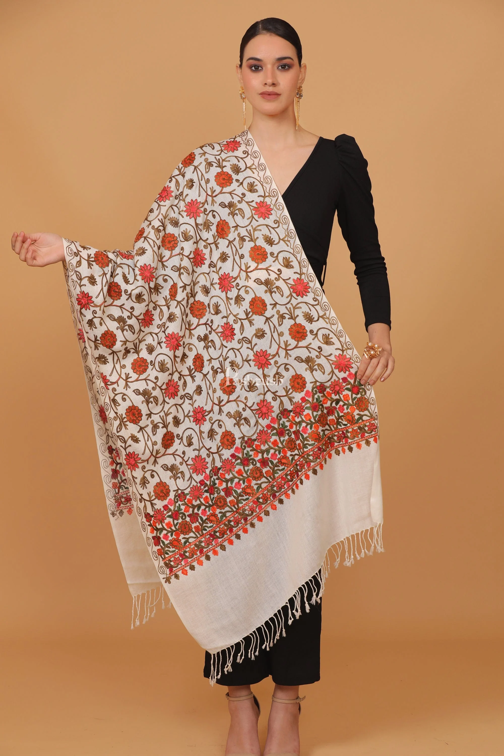 Pashtush womens Fine Wool stole, aari embroidery jaal design, Ivory - Image 3
