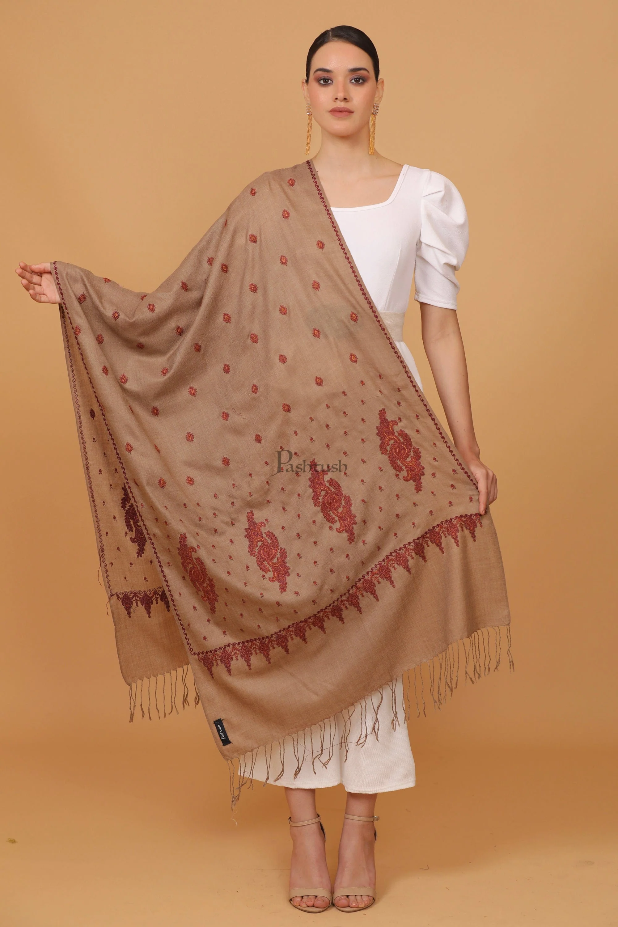 Pashtush womens Fine Wool stole, booti design, Taupe