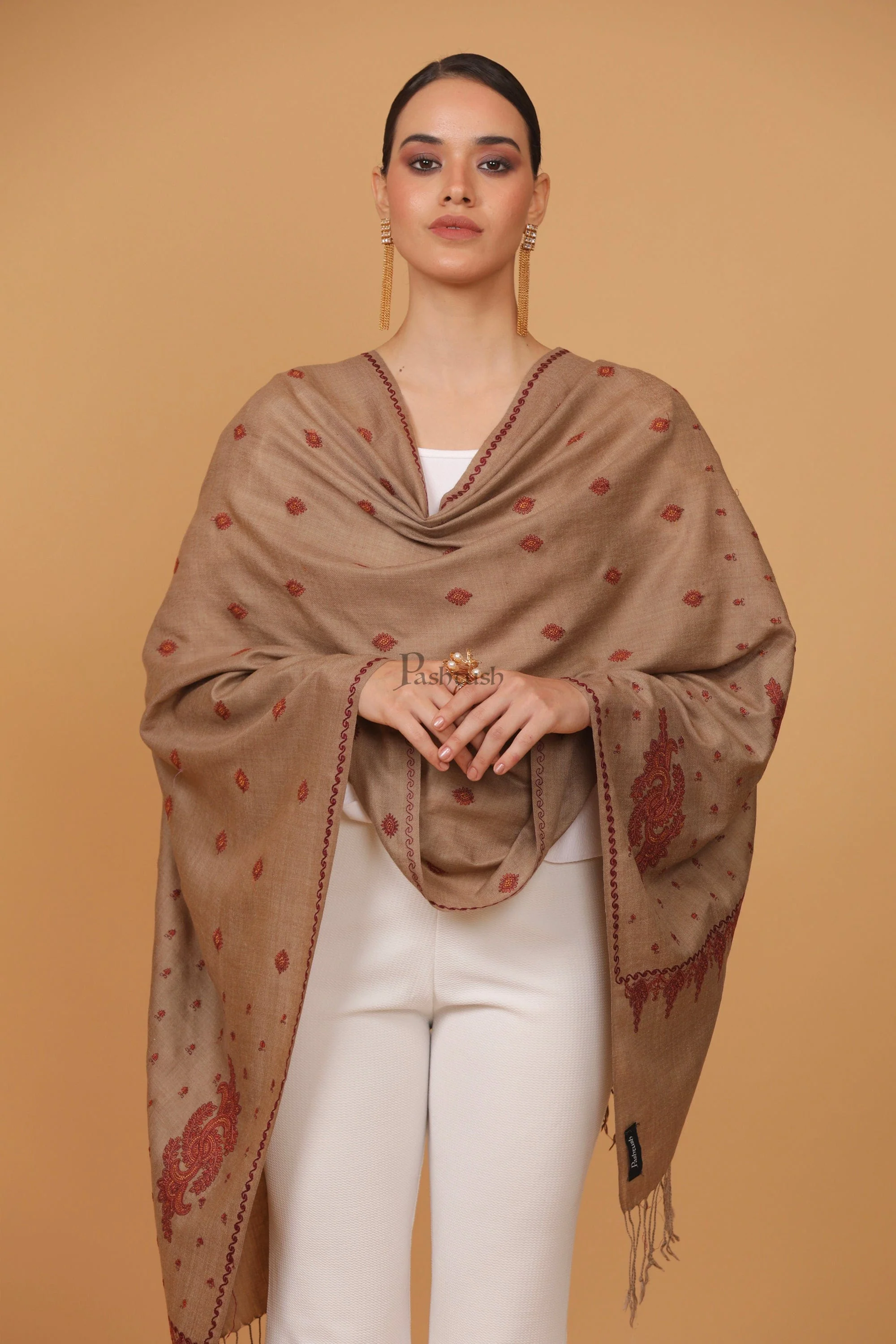 Pashtush womens Fine Wool stole, booti design, Taupe - Image 2