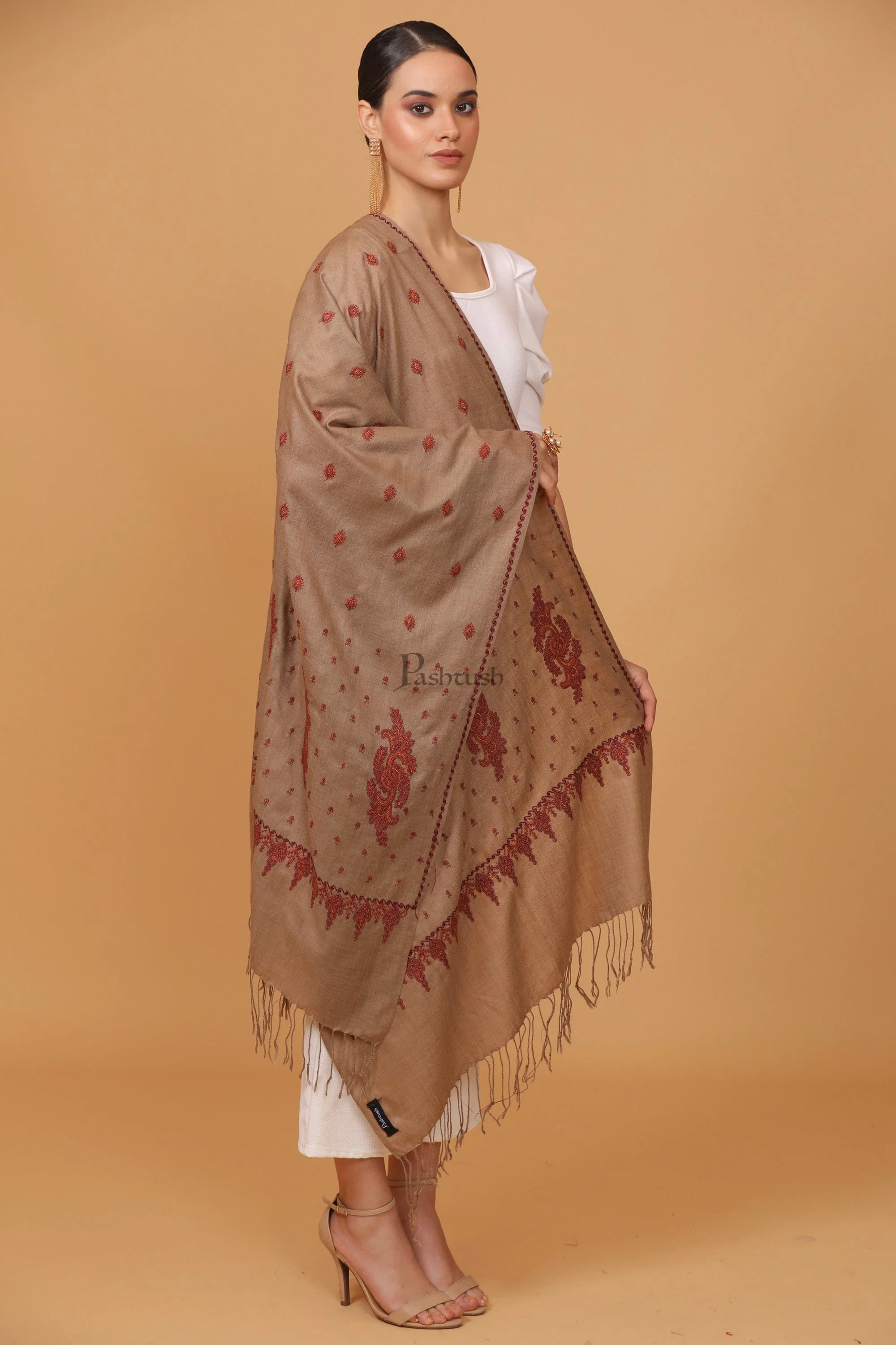 Pashtush womens Fine Wool stole, booti design, Taupe - Image 4