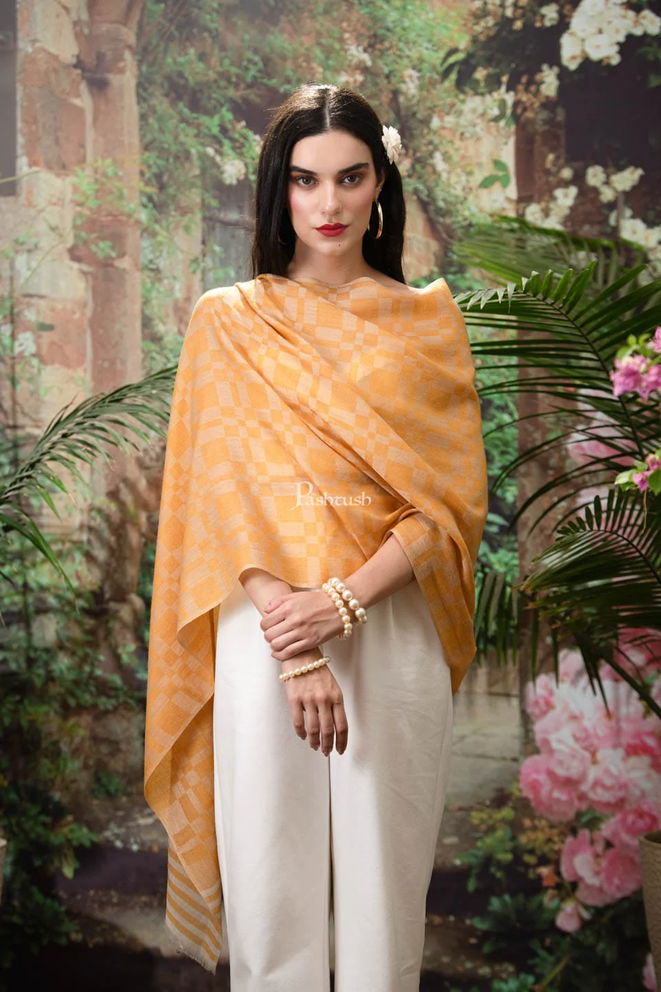 Pashtush womens Fine Wool Stole, Checkered design, Mustard - Image 2