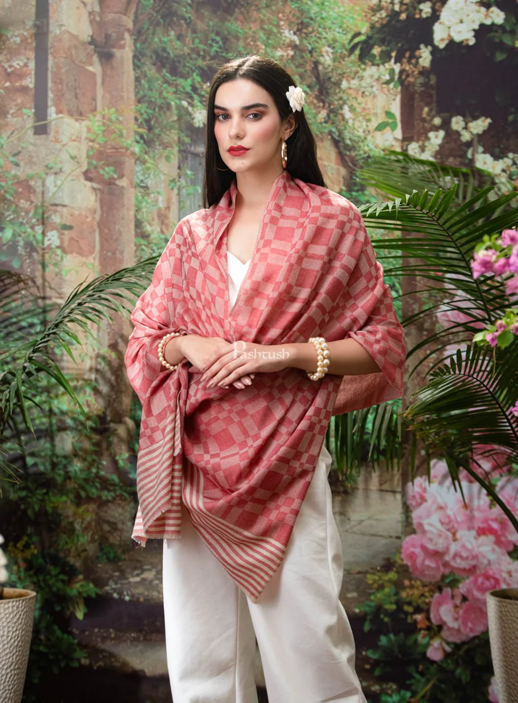 Pashtush womens Fine Wool Stole, Checkered design, Rose