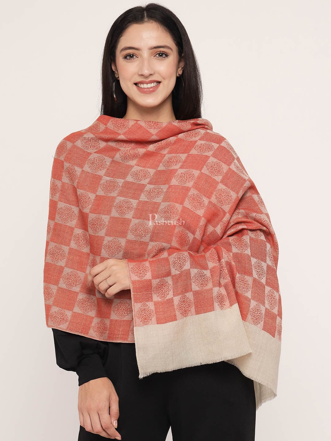 Pashtush Womens Fine Wool Stole, Checkered Weave, Soft and Warm, Orange