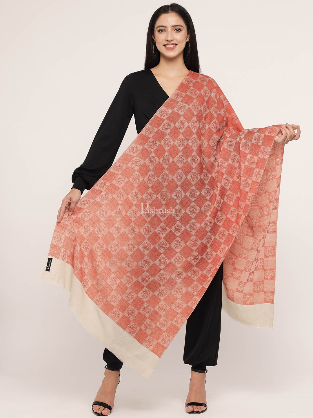 Pashtush Womens Fine Wool Stole, Checkered Weave, Soft and Warm, Orange - Image 2