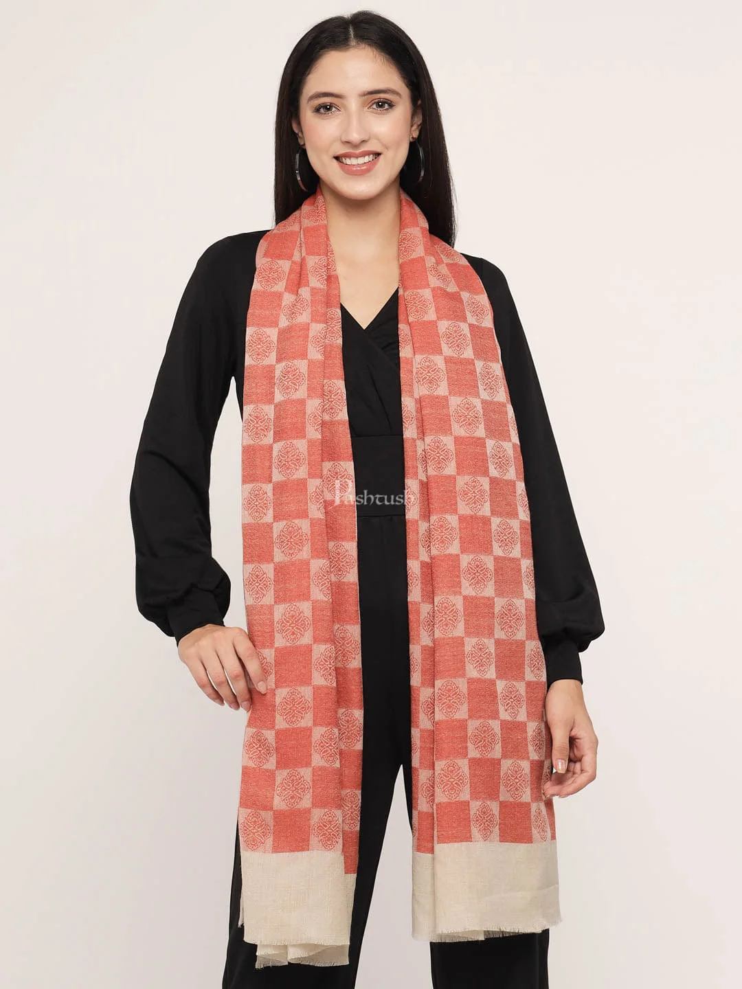 Pashtush Womens Fine Wool Stole, Checkered Weave, Soft and Warm, Orange - Image 4