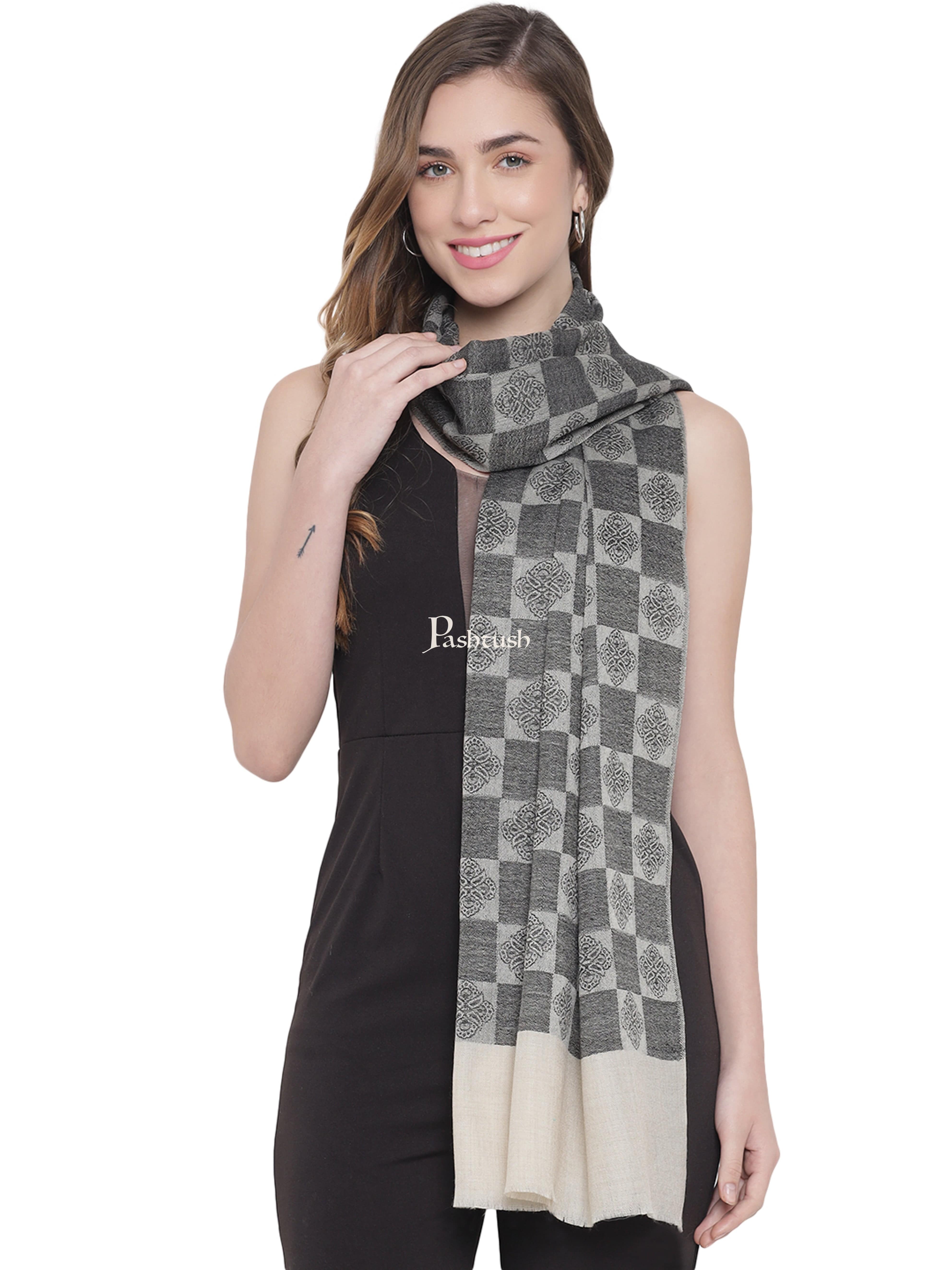 Pashtush Womens Fine Wool Stole, Checkered Weave, Soft and Warm, Black
