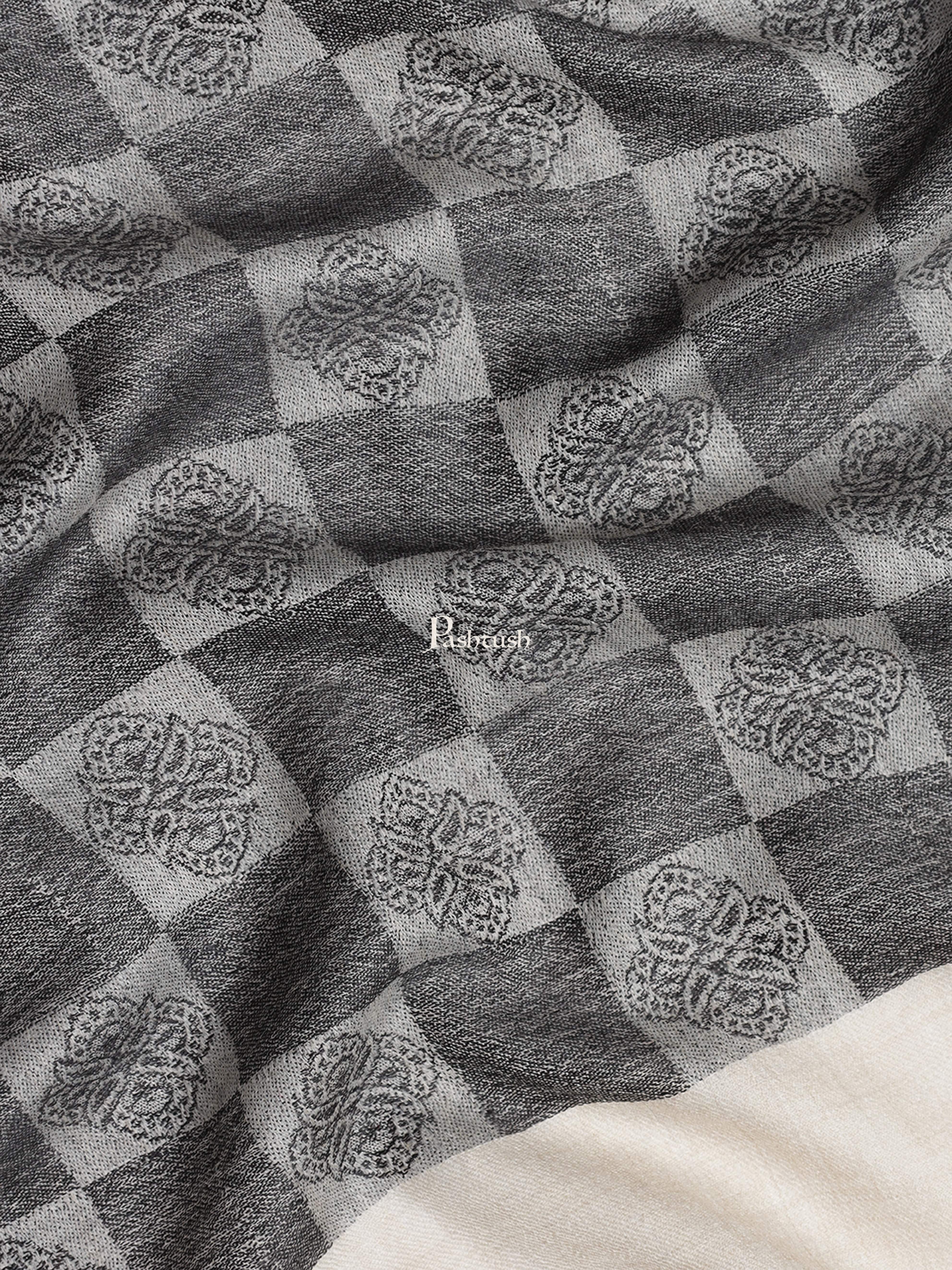 Pashtush Womens Fine Wool Stole, Checkered Weave, Soft and Warm, Black - Image 2