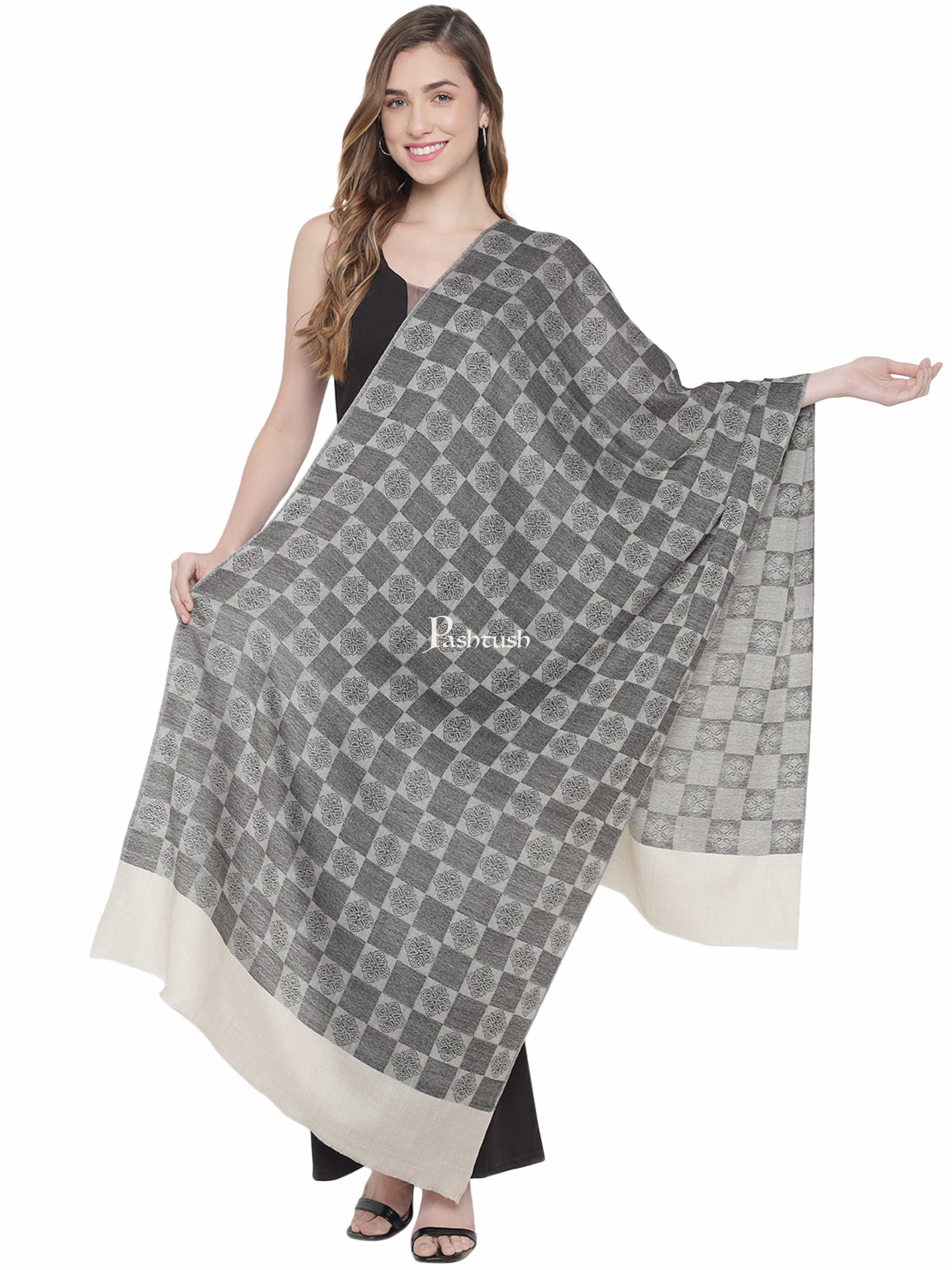 Pashtush Womens Fine Wool Stole, Checkered Weave, Soft and Warm, Black - Image 3