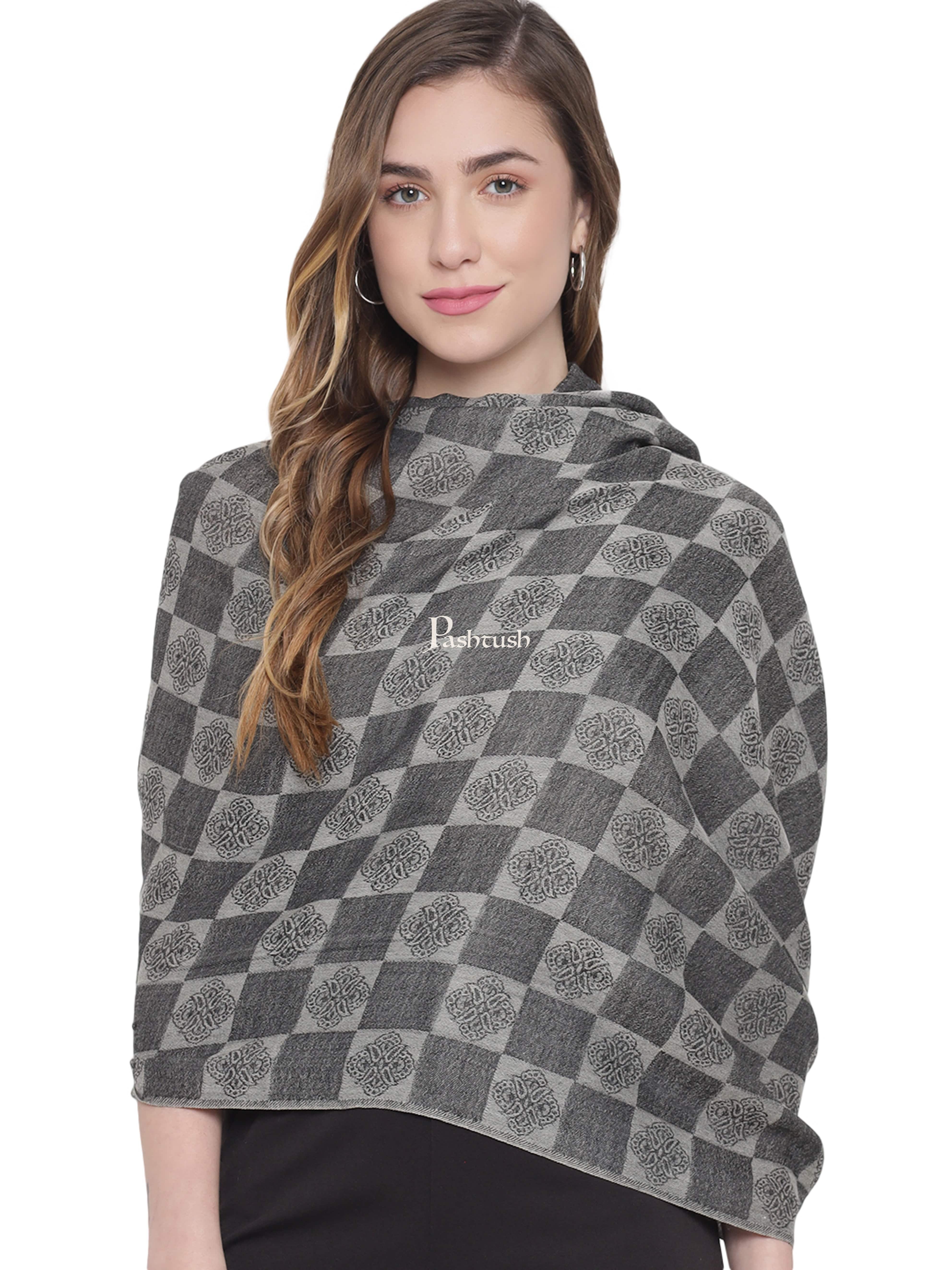 Pashtush Womens Fine Wool Stole, Checkered Weave, Soft and Warm, Black - Image 5