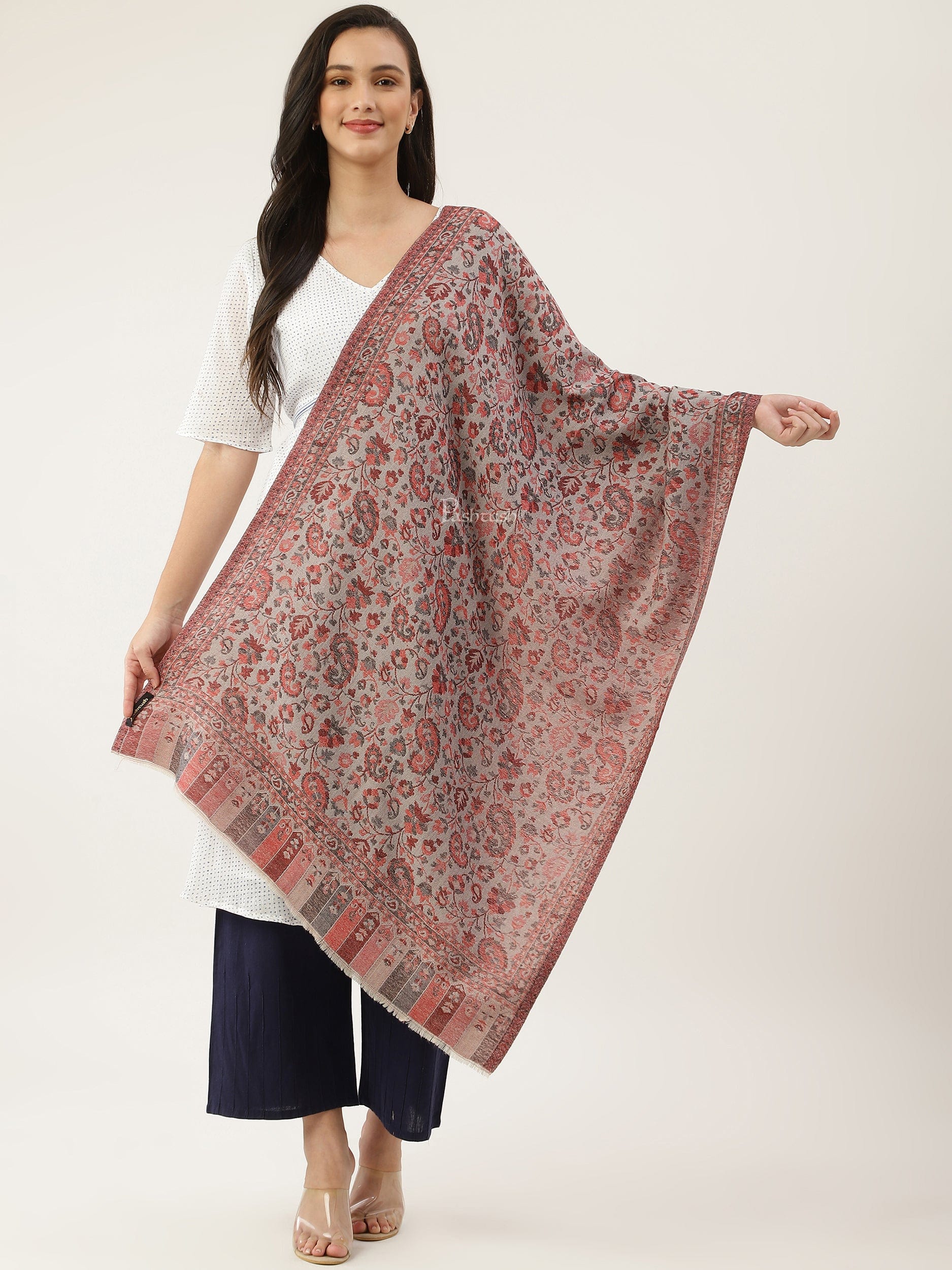 Pashtush womens Fine Wool Stole, Ethnic Weave Design - Image 3