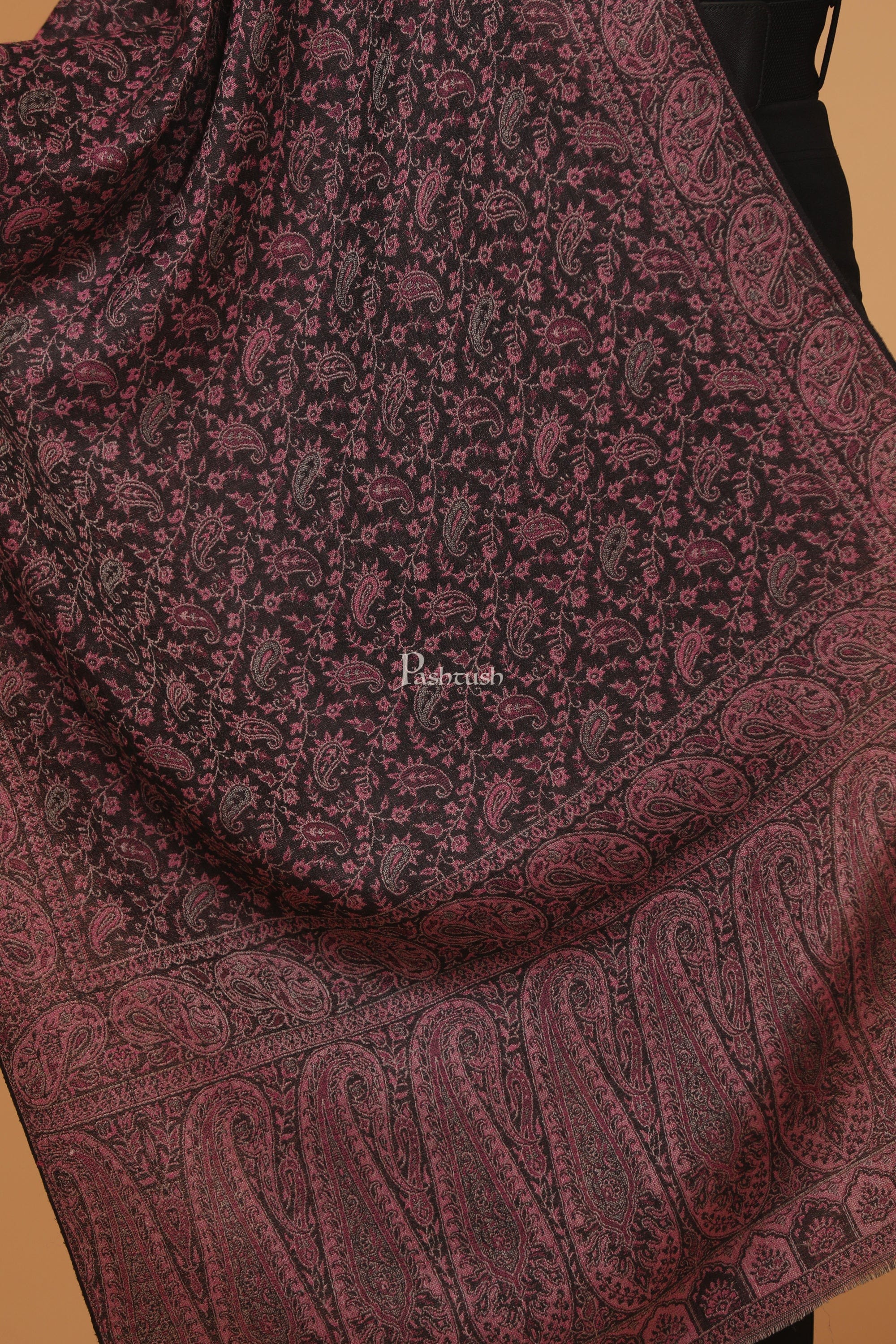 Pashtush womens Fine Wool stole, ethnic weave design, Light Pink And Black