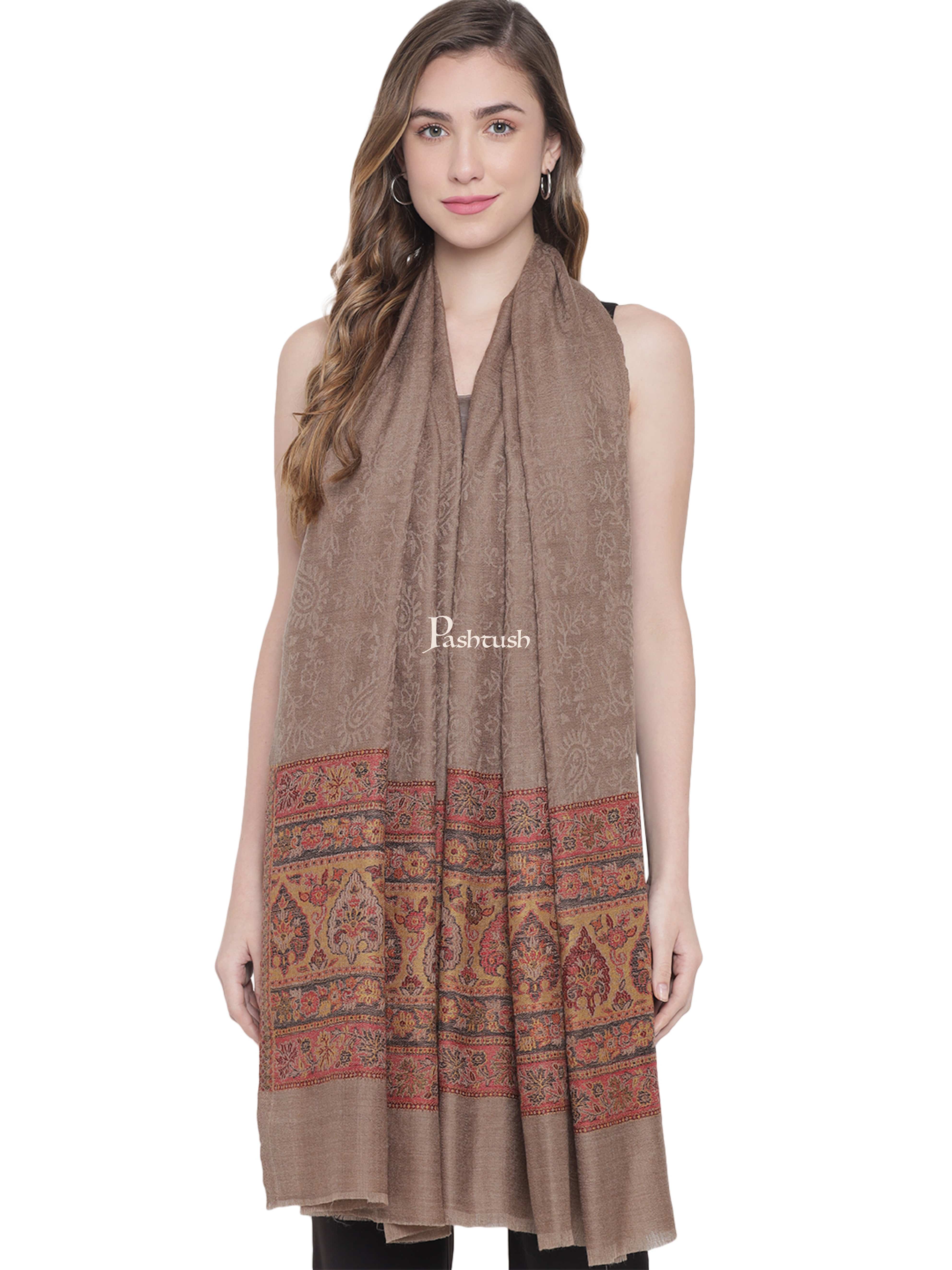 Pashtush Womens Fine Wool Stole, Ethnic Weave Palla, Taupe