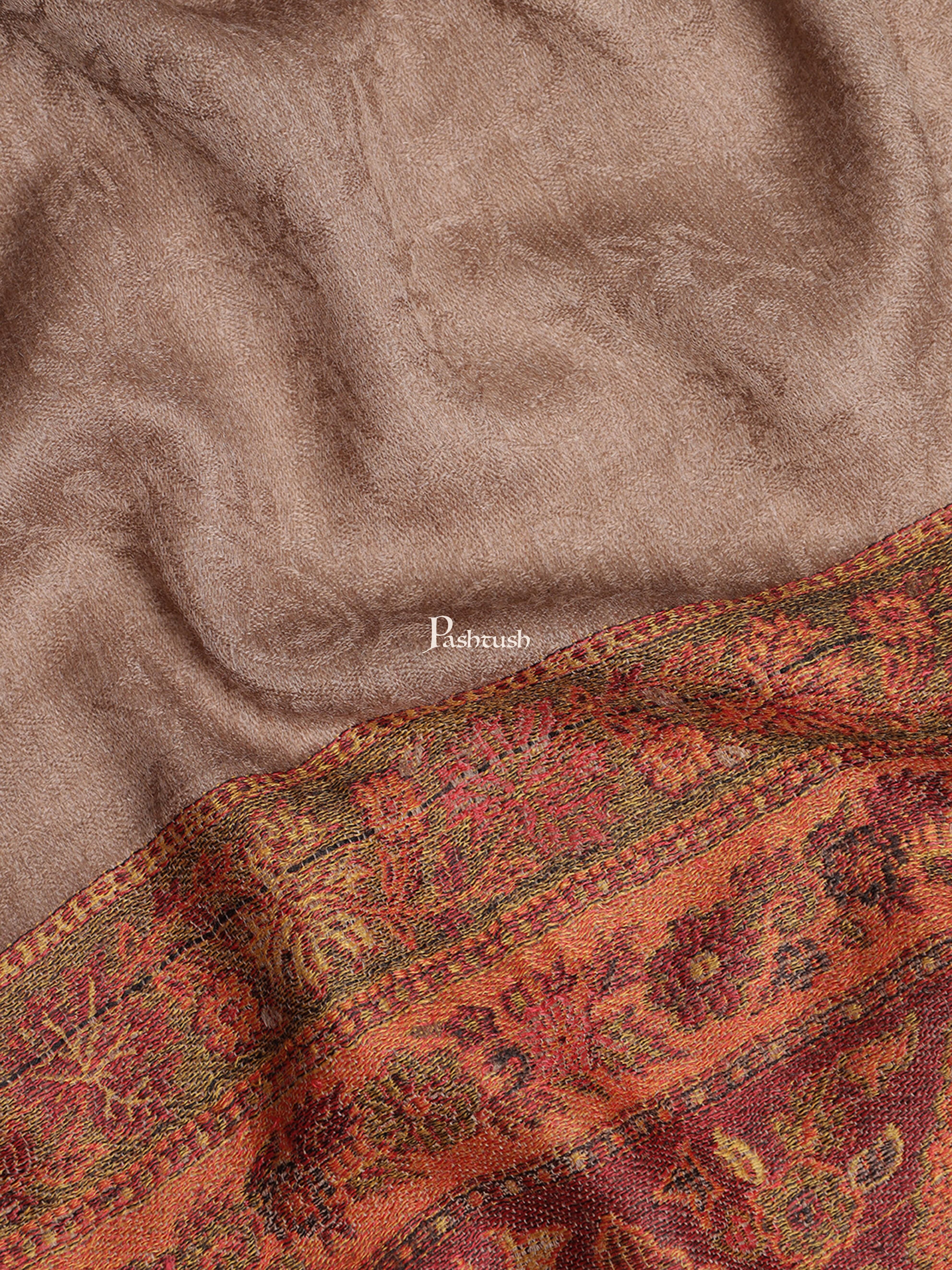 Pashtush Womens Fine Wool Stole, Ethnic Weave Palla, Taupe - Image 2