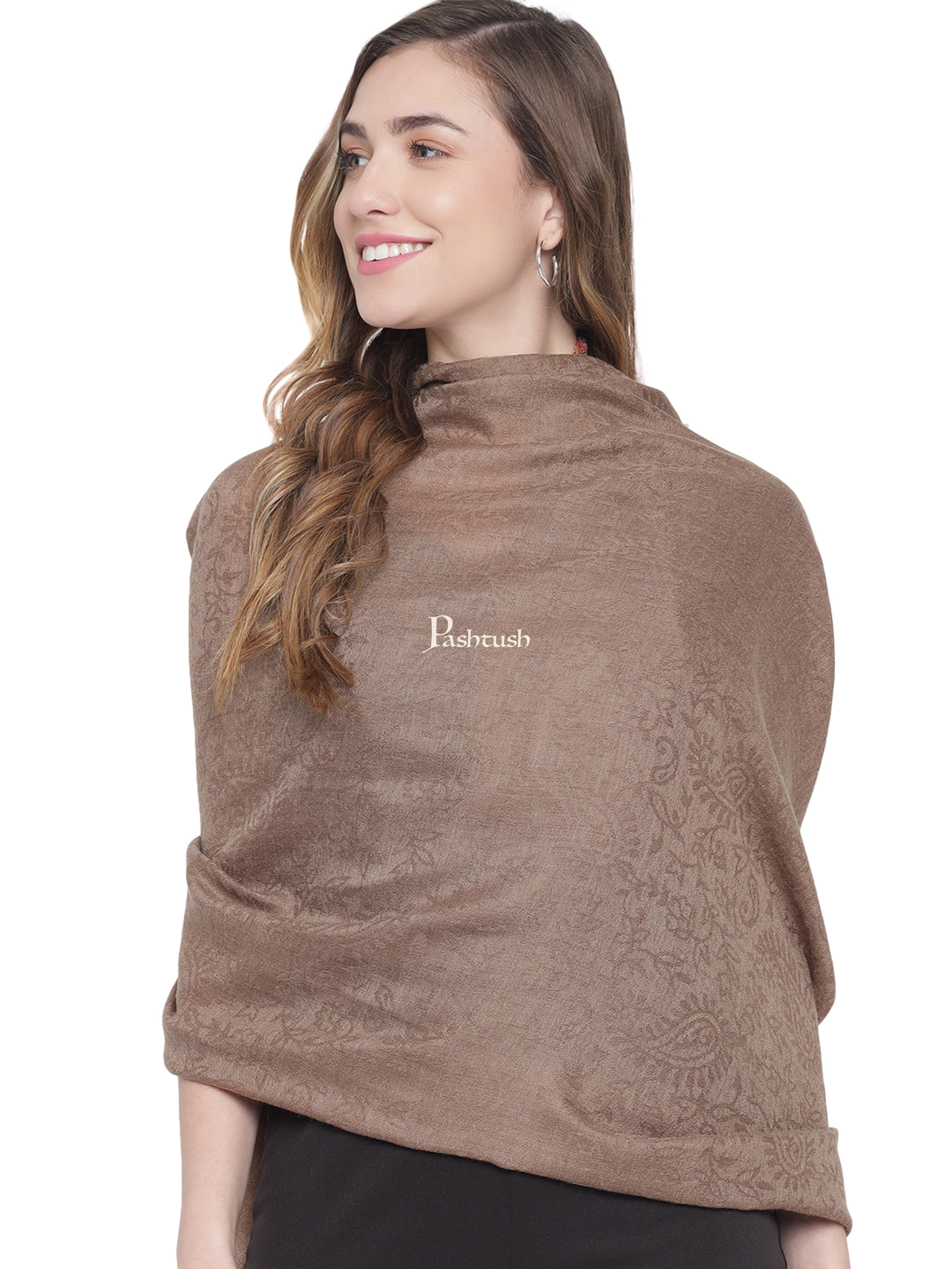 Pashtush Womens Fine Wool Stole, Ethnic Weave Palla, Taupe - Image 3