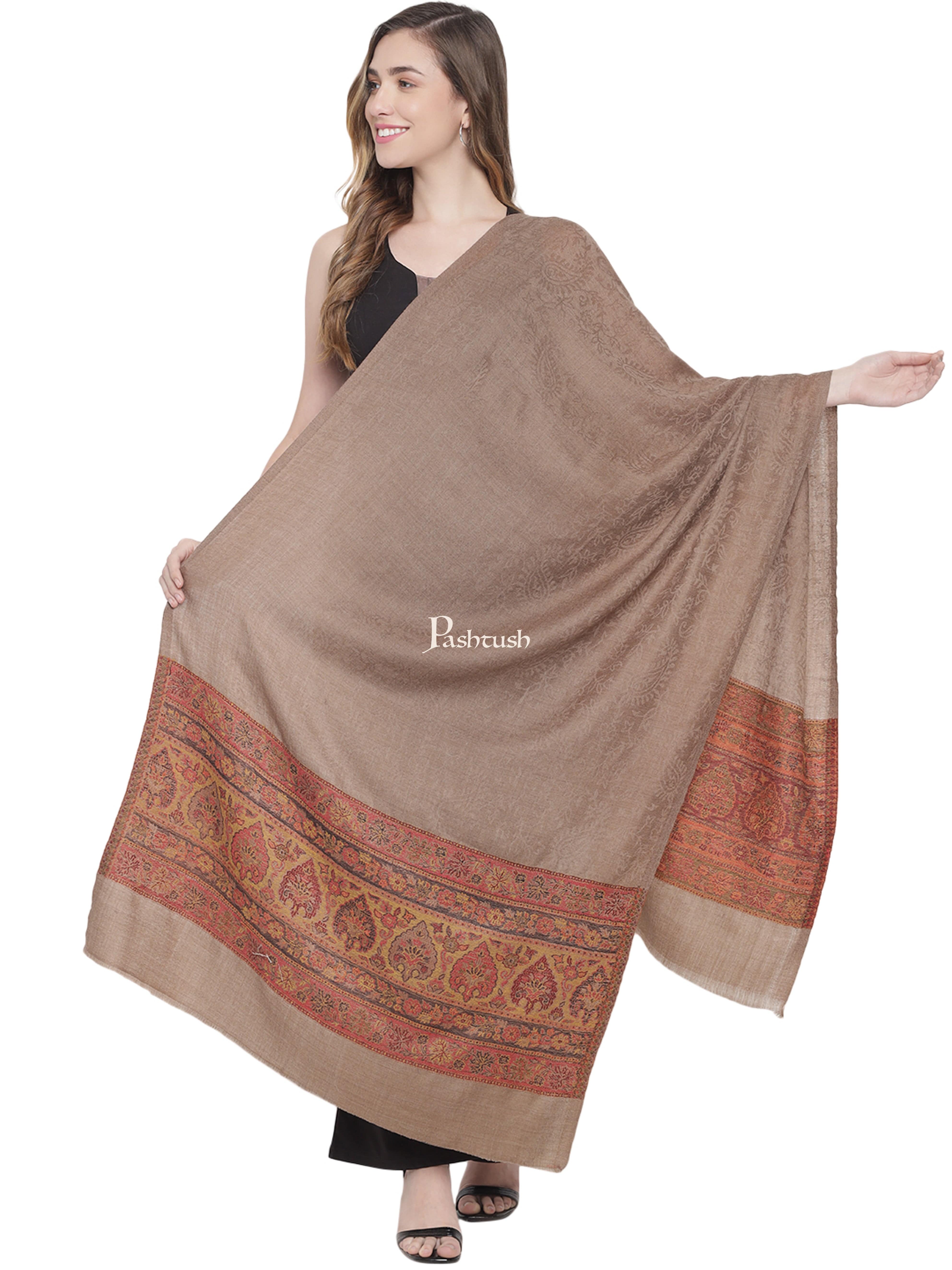 Pashtush Womens Fine Wool Stole, Ethnic Weave Palla, Taupe - Image 4