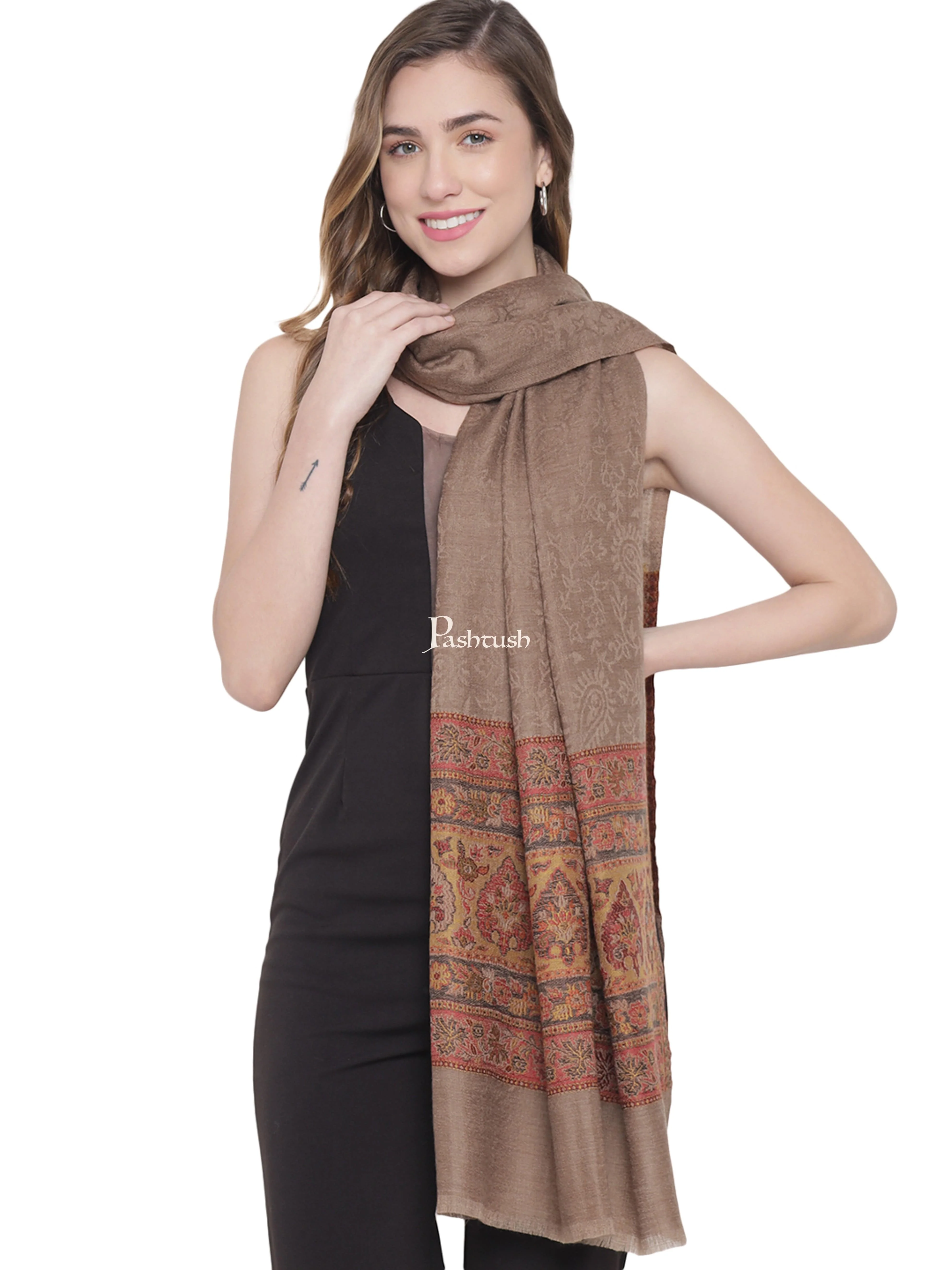 Pashtush Womens Fine Wool Stole, Ethnic Weave Palla, Taupe - Image 5